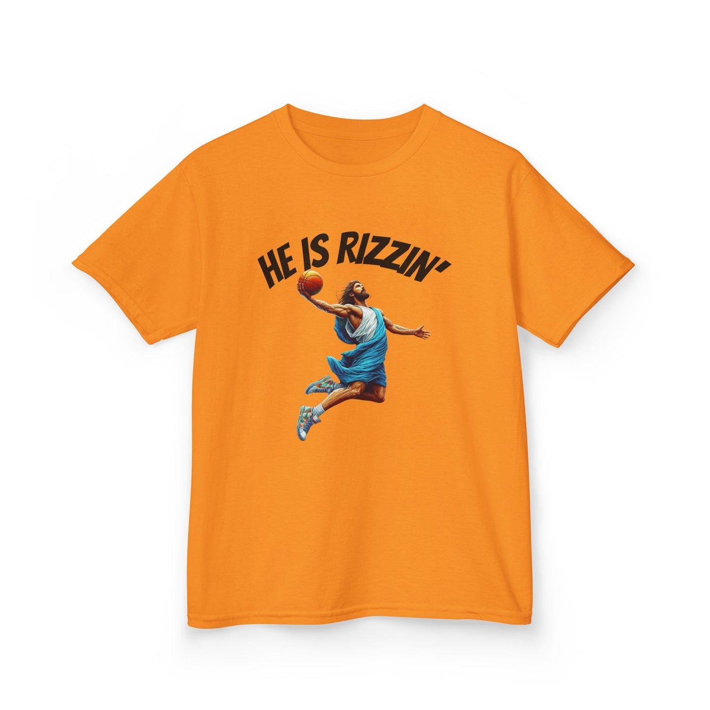 Kids Basketball Tee - "He Is Rizzin'" Heavy Cotton T-Shirt for Young Athletes