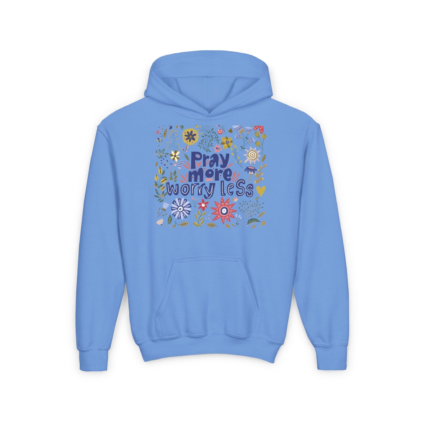 Youth Heavy Blend Hooded Sweatshirt - "Pray More, Worry Less" Floral Design