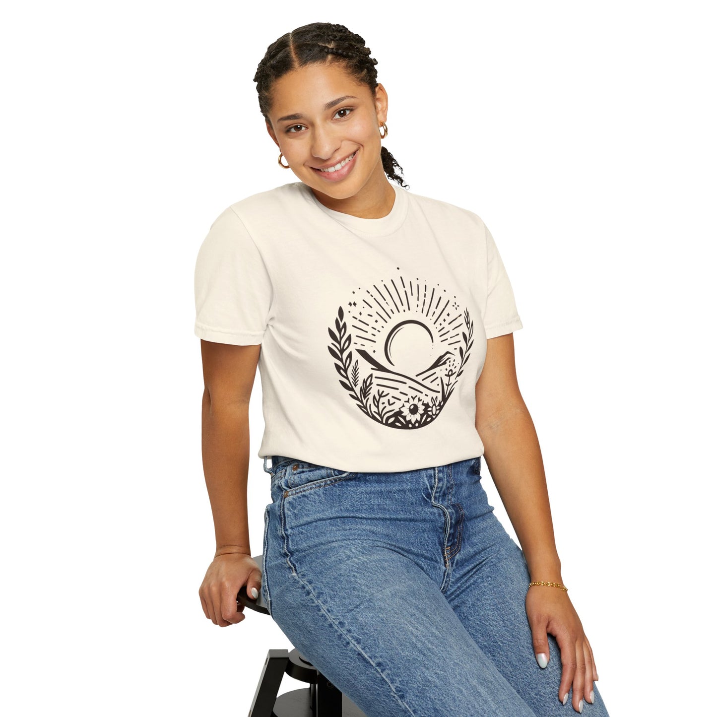 Unisex Garment-Dyed T-Shirt with Sunset and Floral Design - Relaxed Vibe for Nature Lovers
