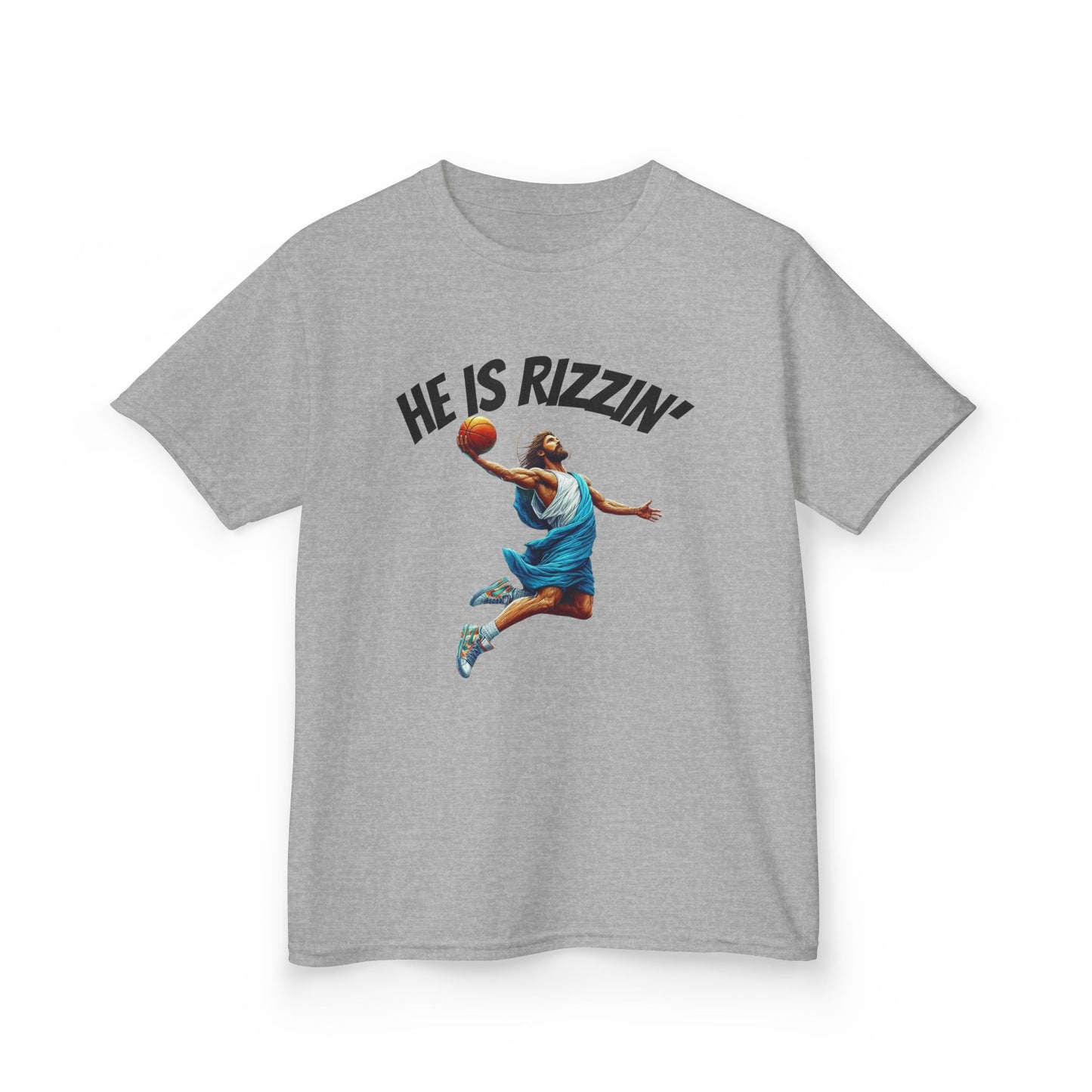 Kids Basketball Tee - "He Is Rizzin'" Heavy Cotton T-Shirt for Young Athletes