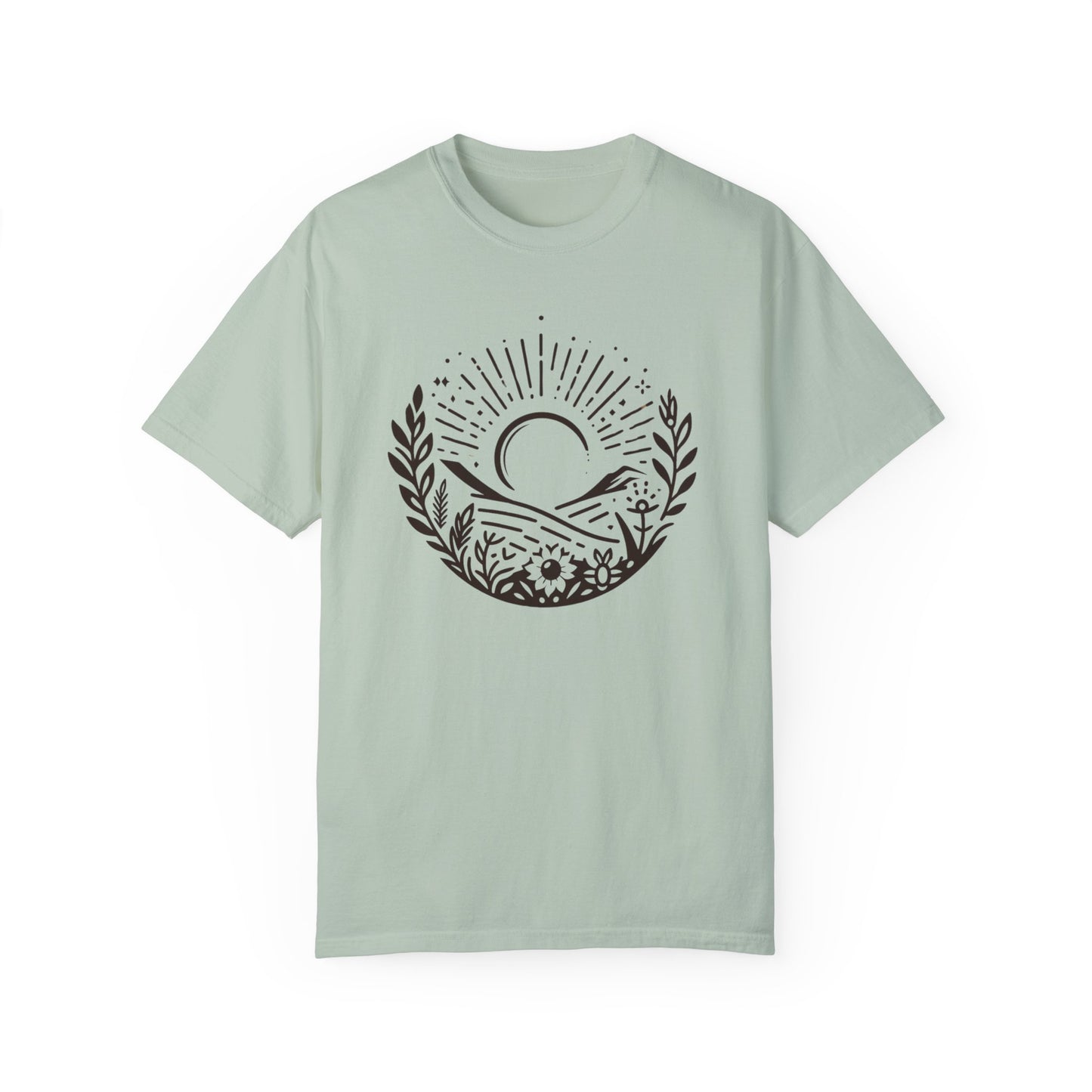 Unisex Garment-Dyed T-Shirt with Sunset and Floral Design - Relaxed Vibe for Nature Lovers