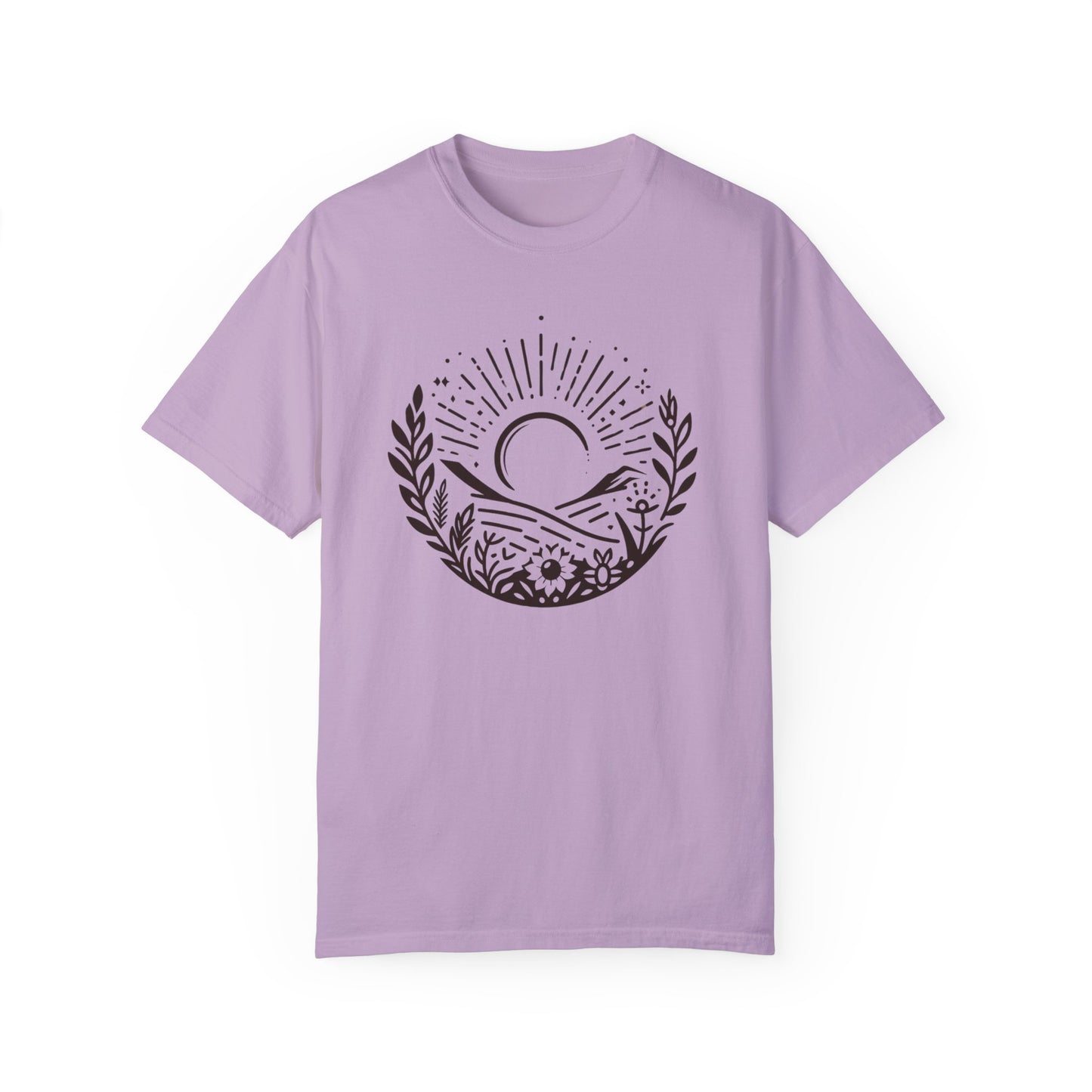 Unisex Garment-Dyed T-Shirt with Sunset and Floral Design - Relaxed Vibe for Nature Lovers