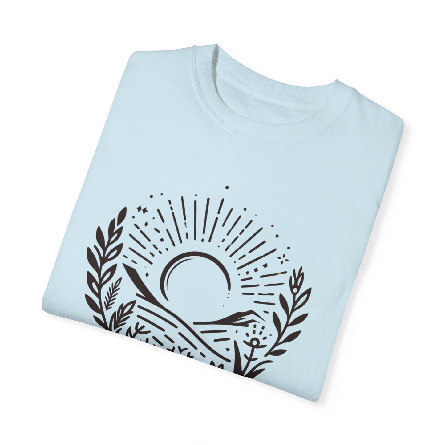 Unisex Garment-Dyed T-Shirt with Sunset and Floral Design - Relaxed Vibe for Nature Lovers
