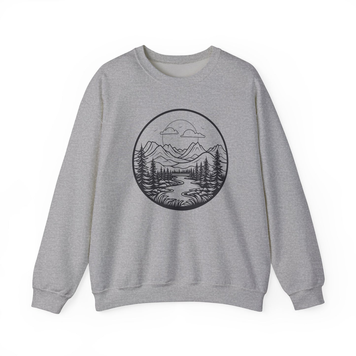 Nature-Inspired Unisex Crewneck Sweatshirt - Scenic Mountain and River Design