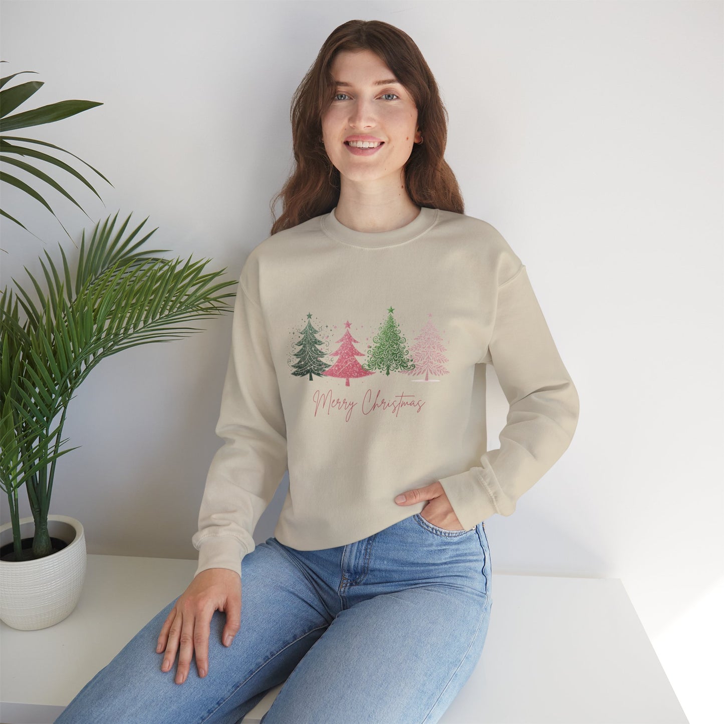 Merry Christmas with Cute Trees Sweatshirt - Unisex Heavy Blend Crewneck with Festive Tree Design