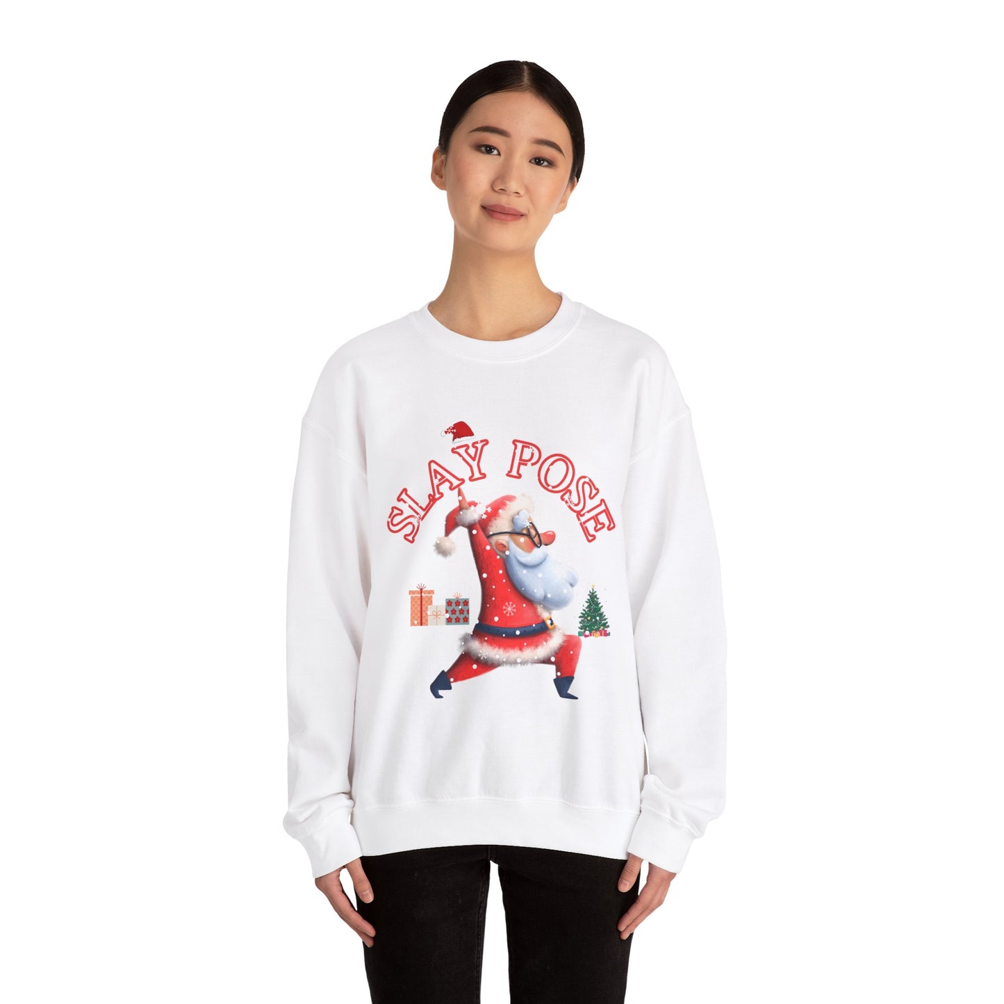 Funny Slay Yoga Santa Sweatshirt - "Slay Pose" Unisex Heavy Blend™ Crewneck for Christmas Celebrations