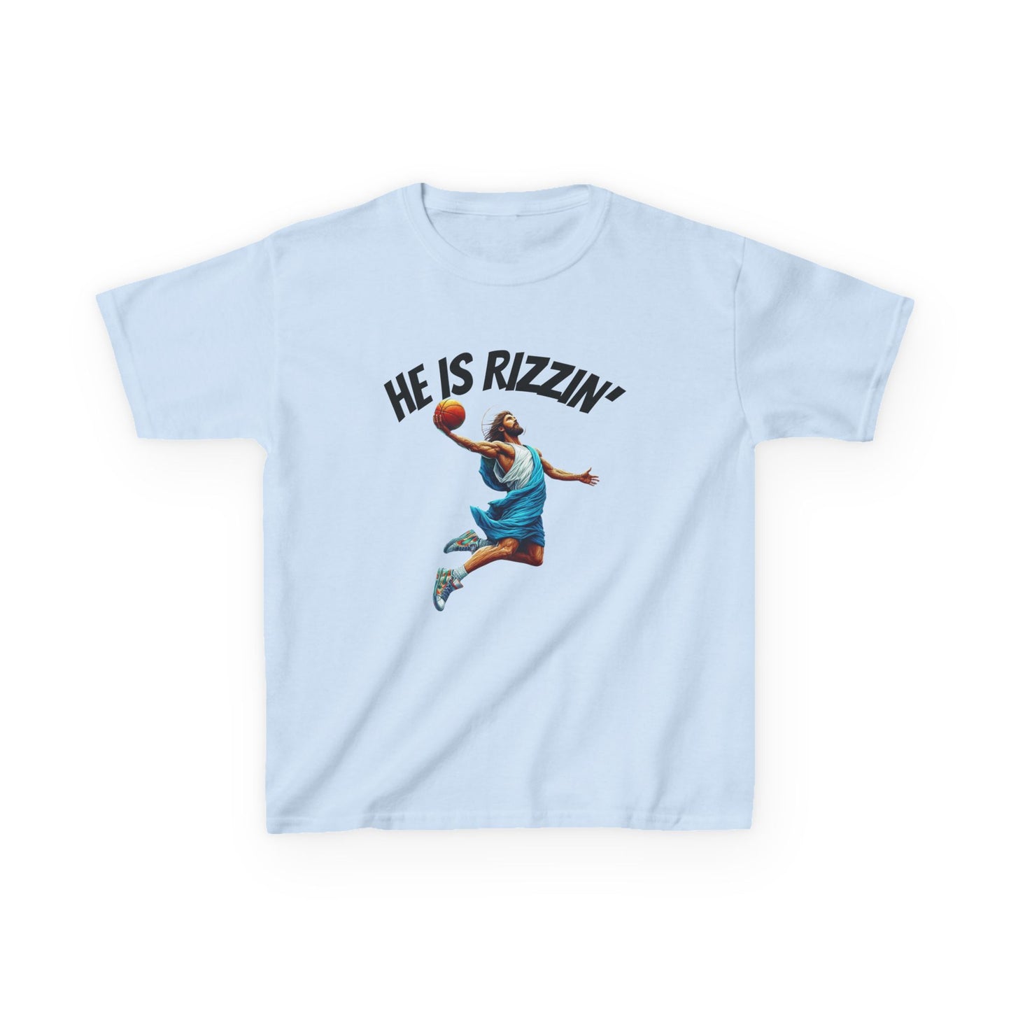 Kids Basketball Tee - "He Is Rizzin'" Heavy Cotton T-Shirt for Young Athletes