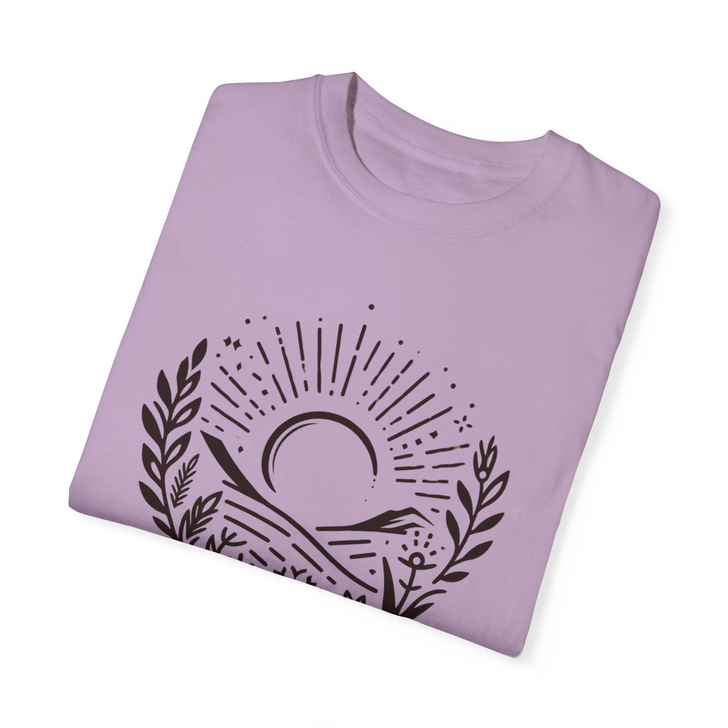 Unisex Garment-Dyed T-Shirt with Sunset and Floral Design - Relaxed Vibe for Nature Lovers
