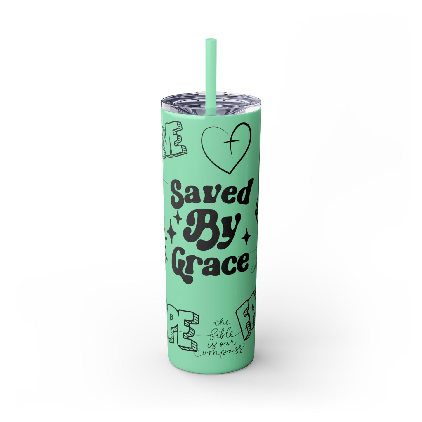 Saved By Grace Skinny Tumbler with Straw - 20oz Inspirational Drinkware