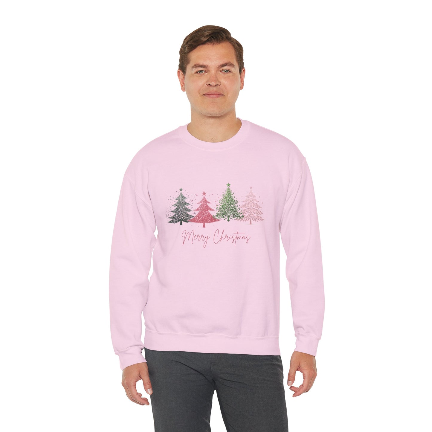 Merry Christmas with Cute Trees Sweatshirt - Unisex Heavy Blend Crewneck with Festive Tree Design