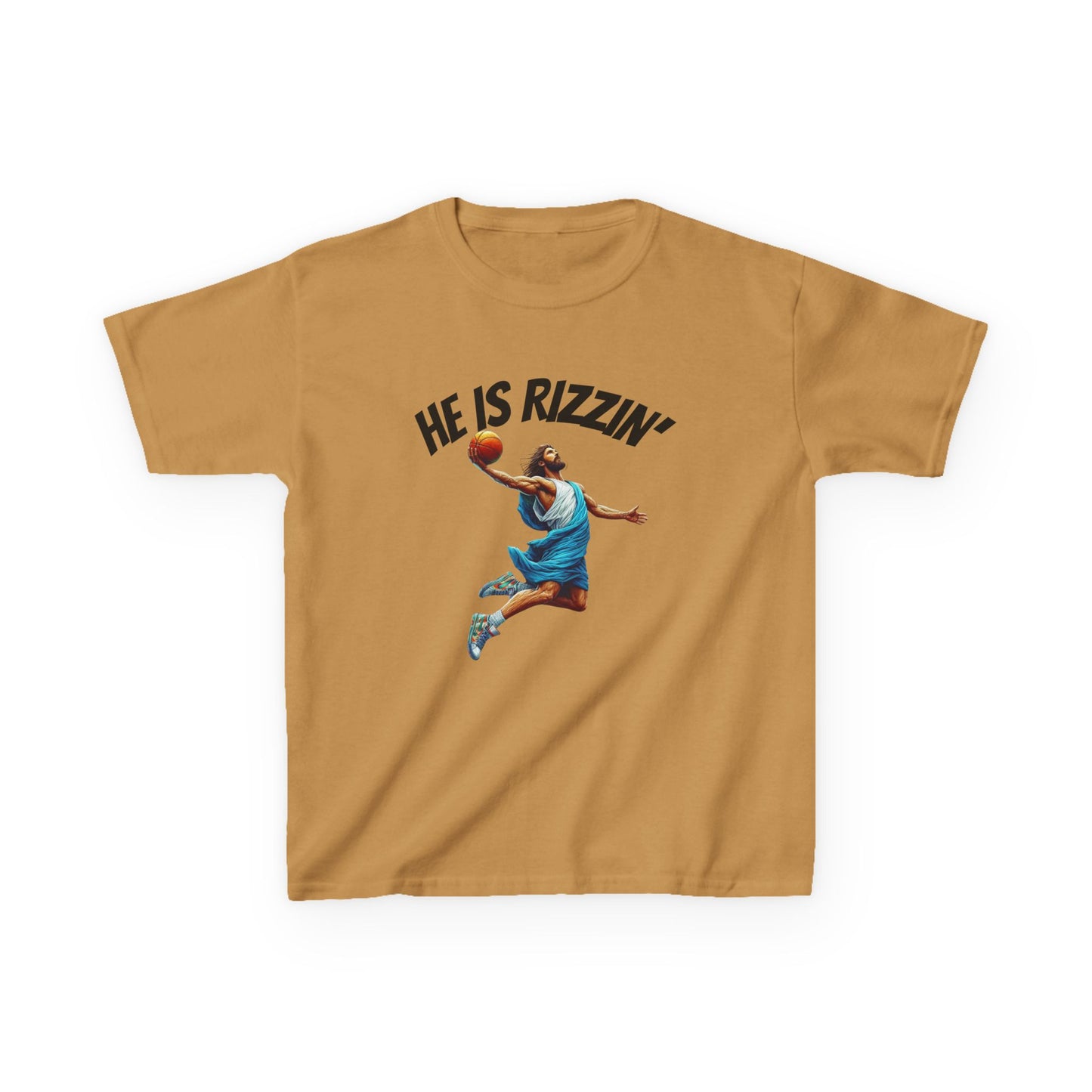 Kids Basketball Tee - "He Is Rizzin'" Heavy Cotton T-Shirt for Young Athletes