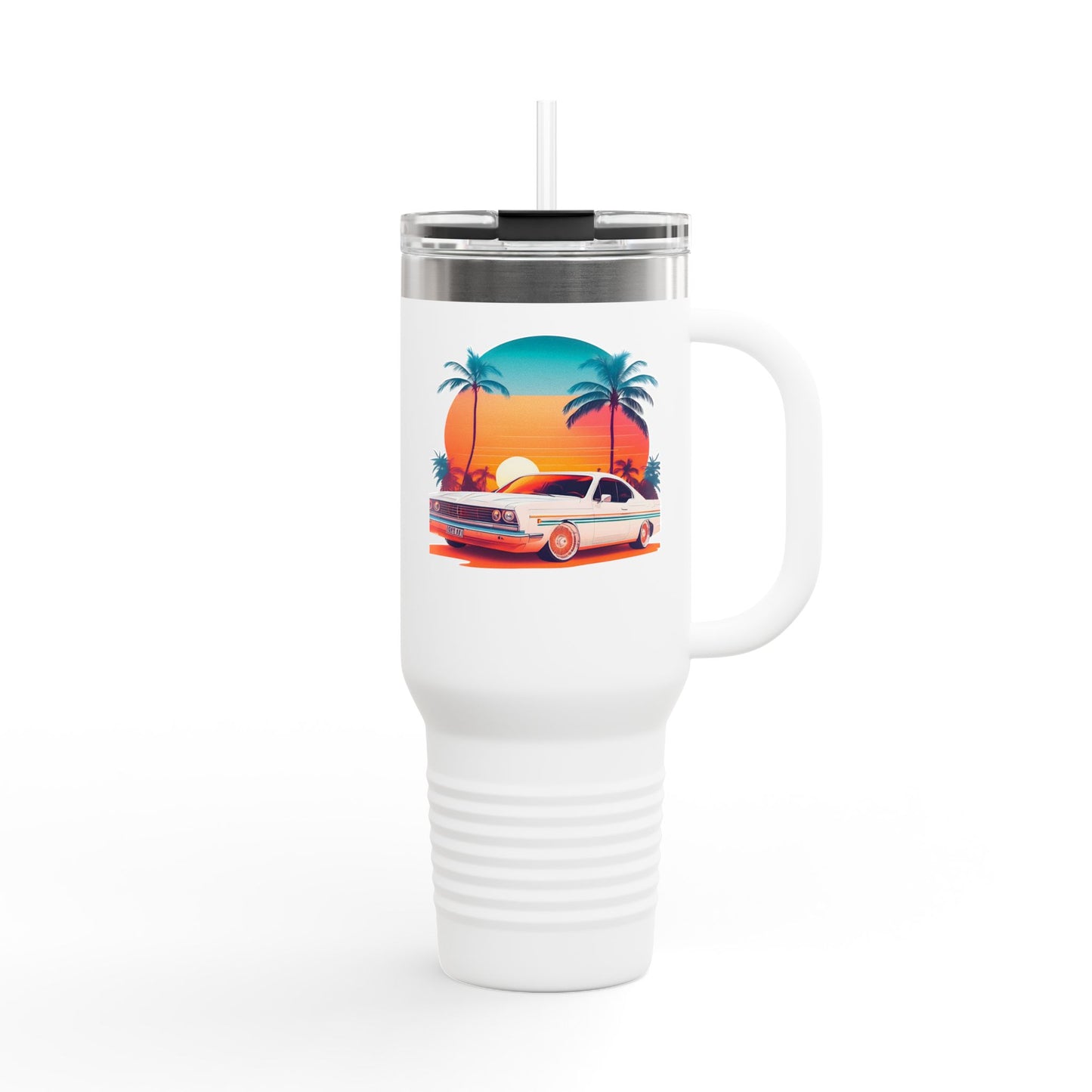 Classic Car Tropical Vibes Insulated Travel Mug - 40oz with Palm Trees and Sunset Design