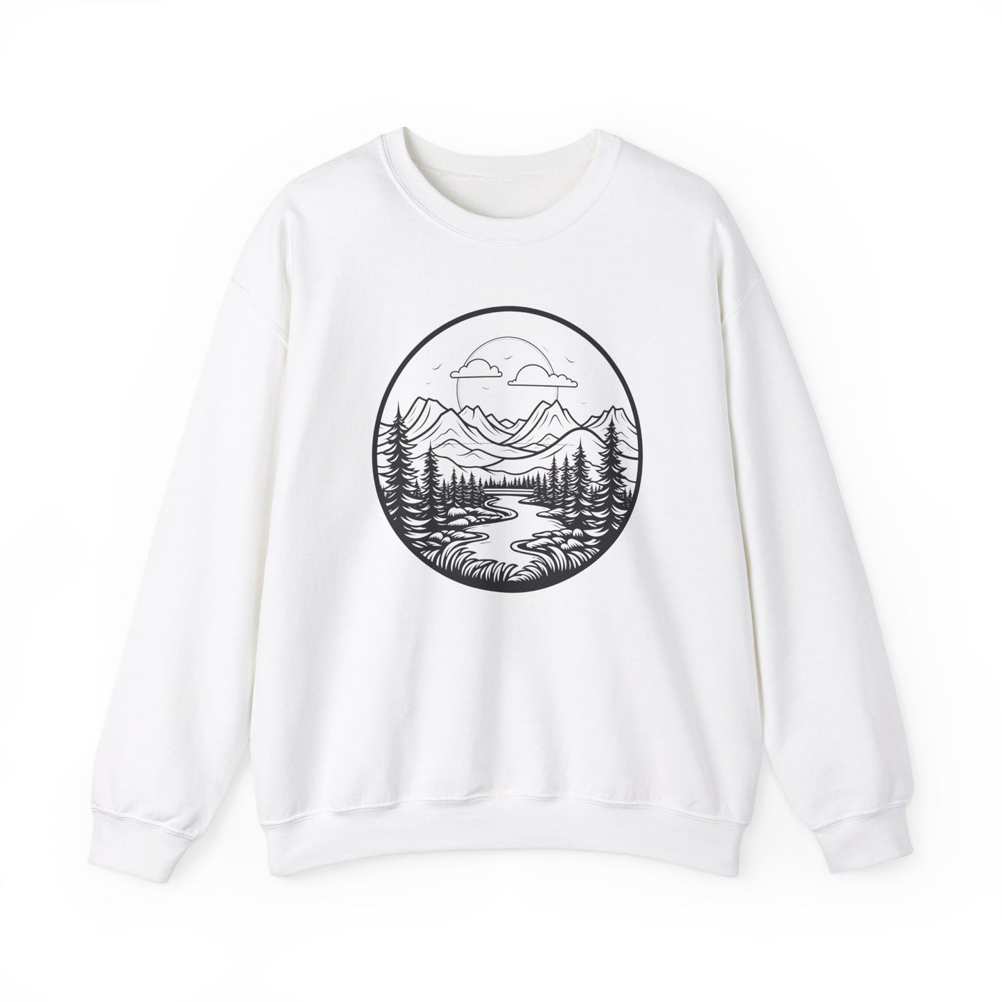 Nature-Inspired Unisex Crewneck Sweatshirt - Scenic Mountain and River Design