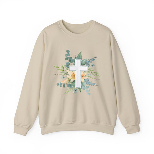 Floral Cross Sweatshirt - Unisex Heavy Blend™ Crewneck for Faith & Comfort