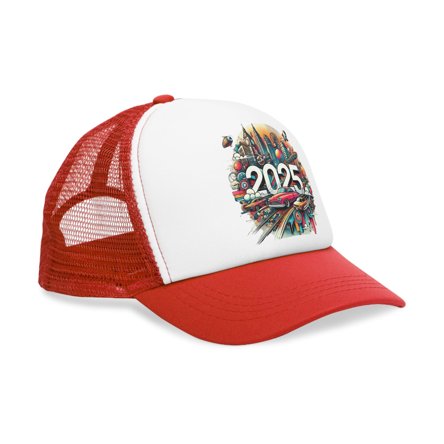 New Years Retro Futuristic Mesh Cap – 2025 Cityscape Design