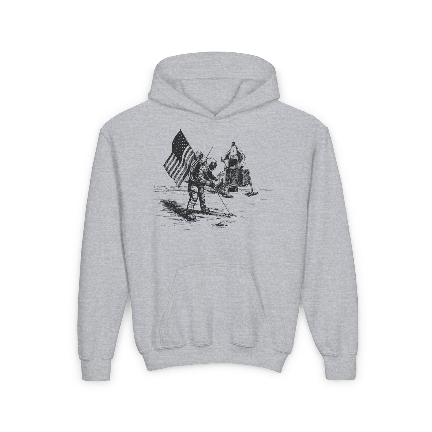 Black and White Moon Landing - Youth Heavy Blend Hooded Sweatshirt