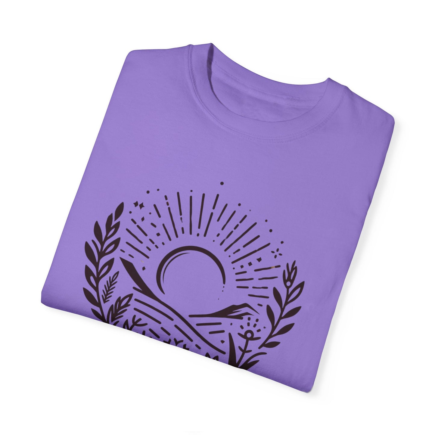 Unisex Garment-Dyed T-Shirt with Sunset and Floral Design - Relaxed Vibe for Nature Lovers