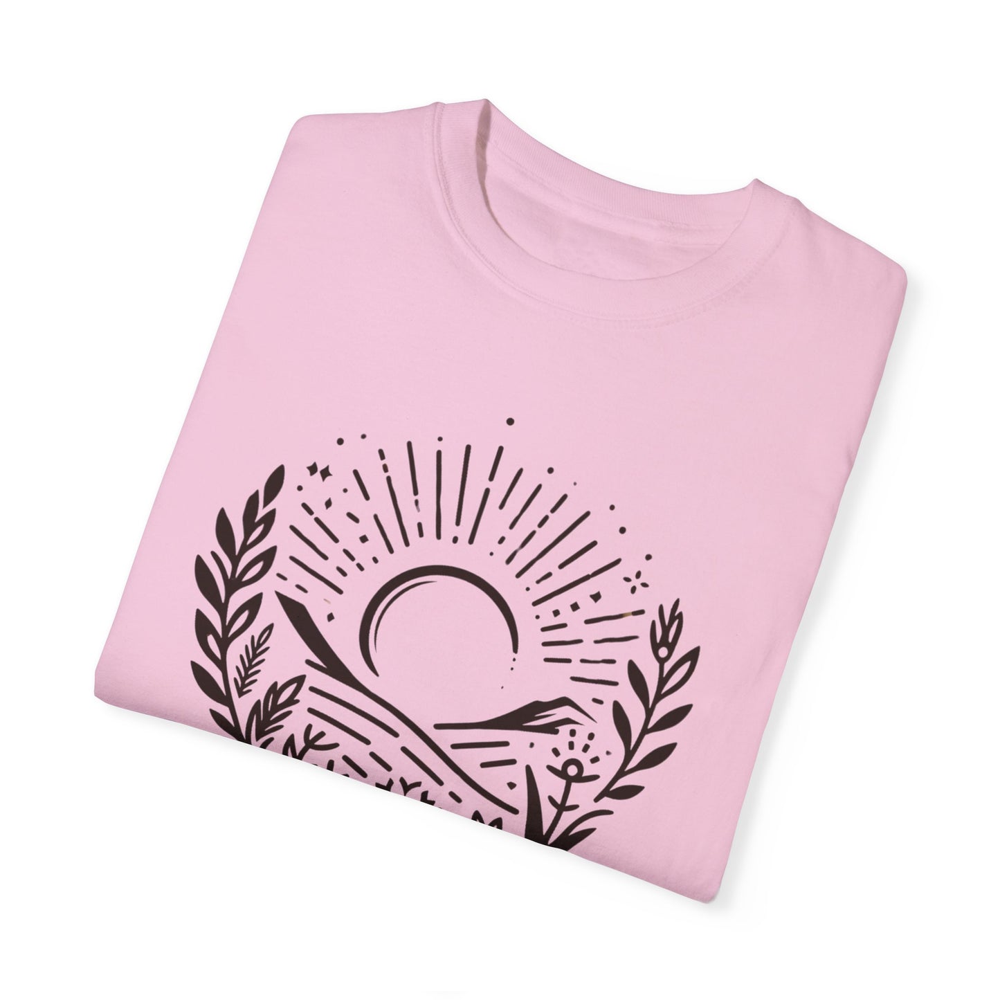 Unisex Garment-Dyed T-Shirt with Sunset and Floral Design - Relaxed Vibe for Nature Lovers