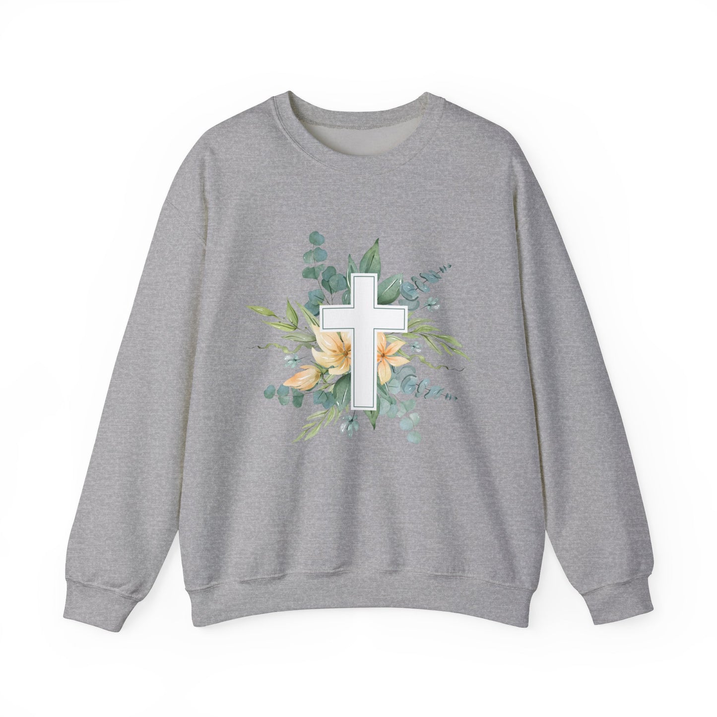 Floral Cross Sweatshirt - Unisex Heavy Blend™ Crewneck for Faith & Comfort