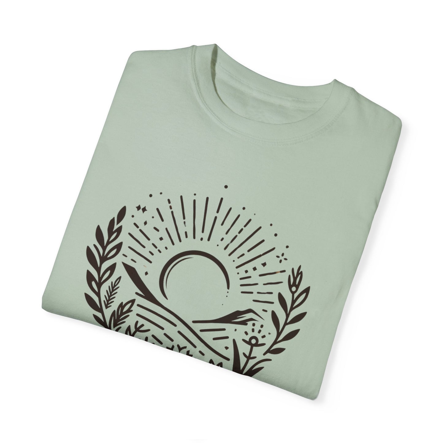 Unisex Garment-Dyed T-Shirt with Sunset and Floral Design - Relaxed Vibe for Nature Lovers
