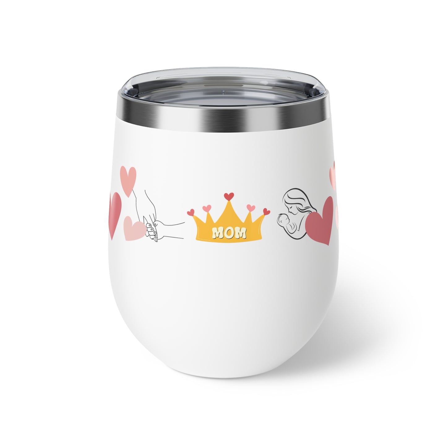 Mom's Crown Copper Insulated Cup - 12oz Wine Tumbler with Hearts