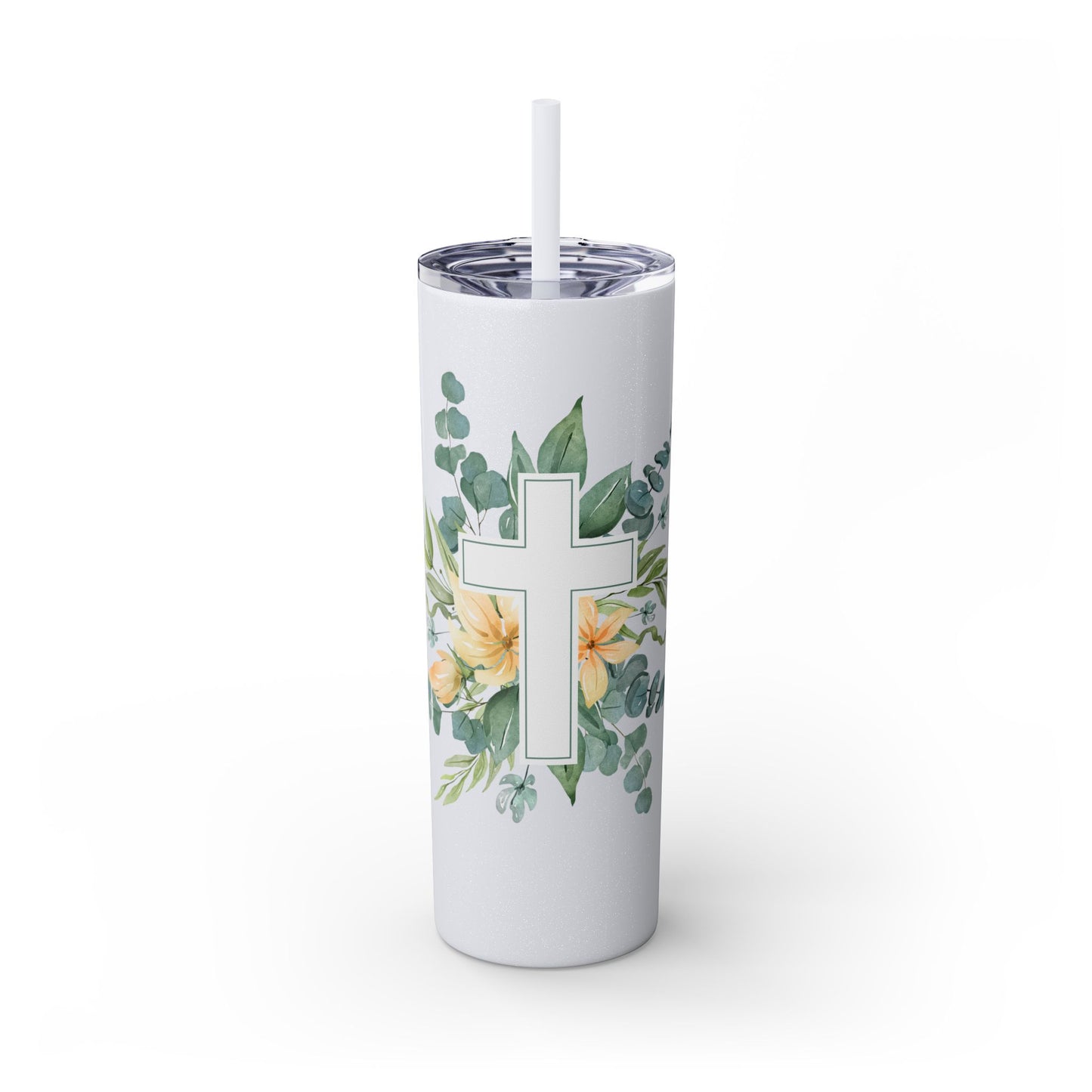 Floral Cross Skinny Tumbler with Straw, 20oz