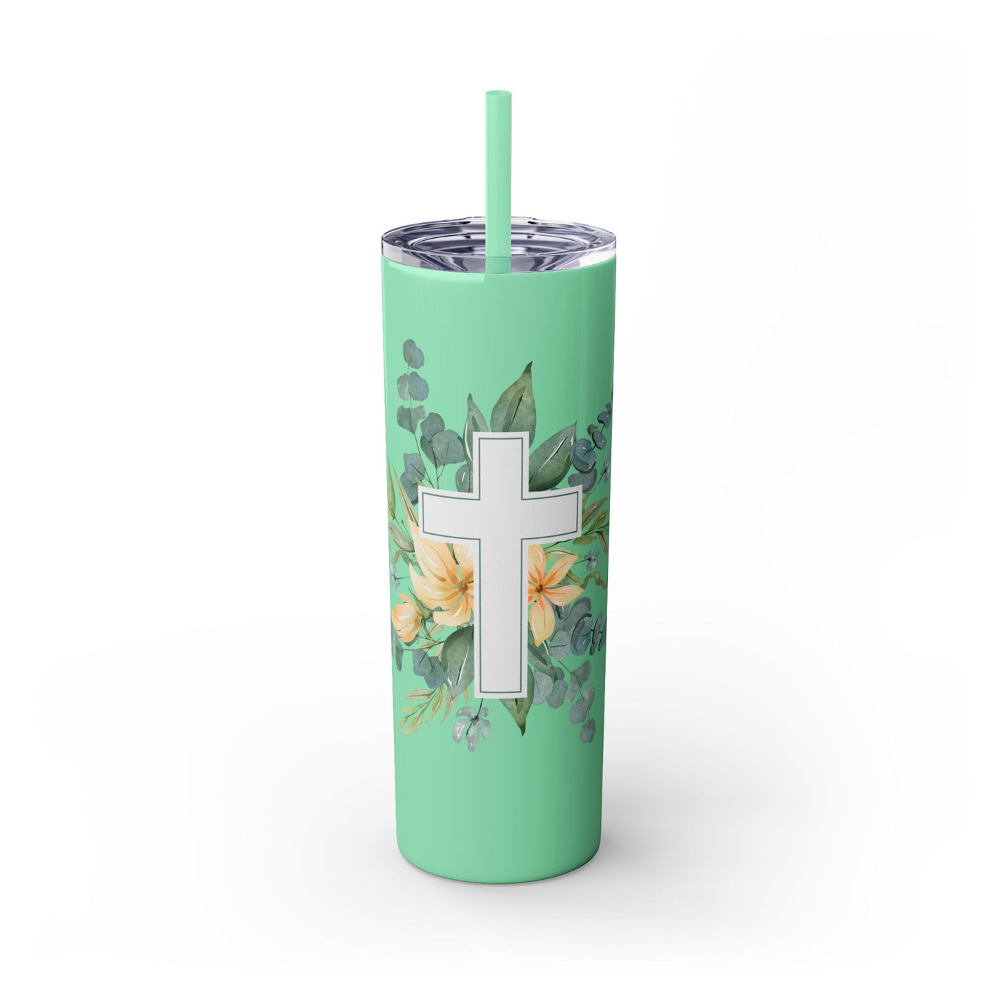 Floral Cross Skinny Tumbler with Straw, 20oz