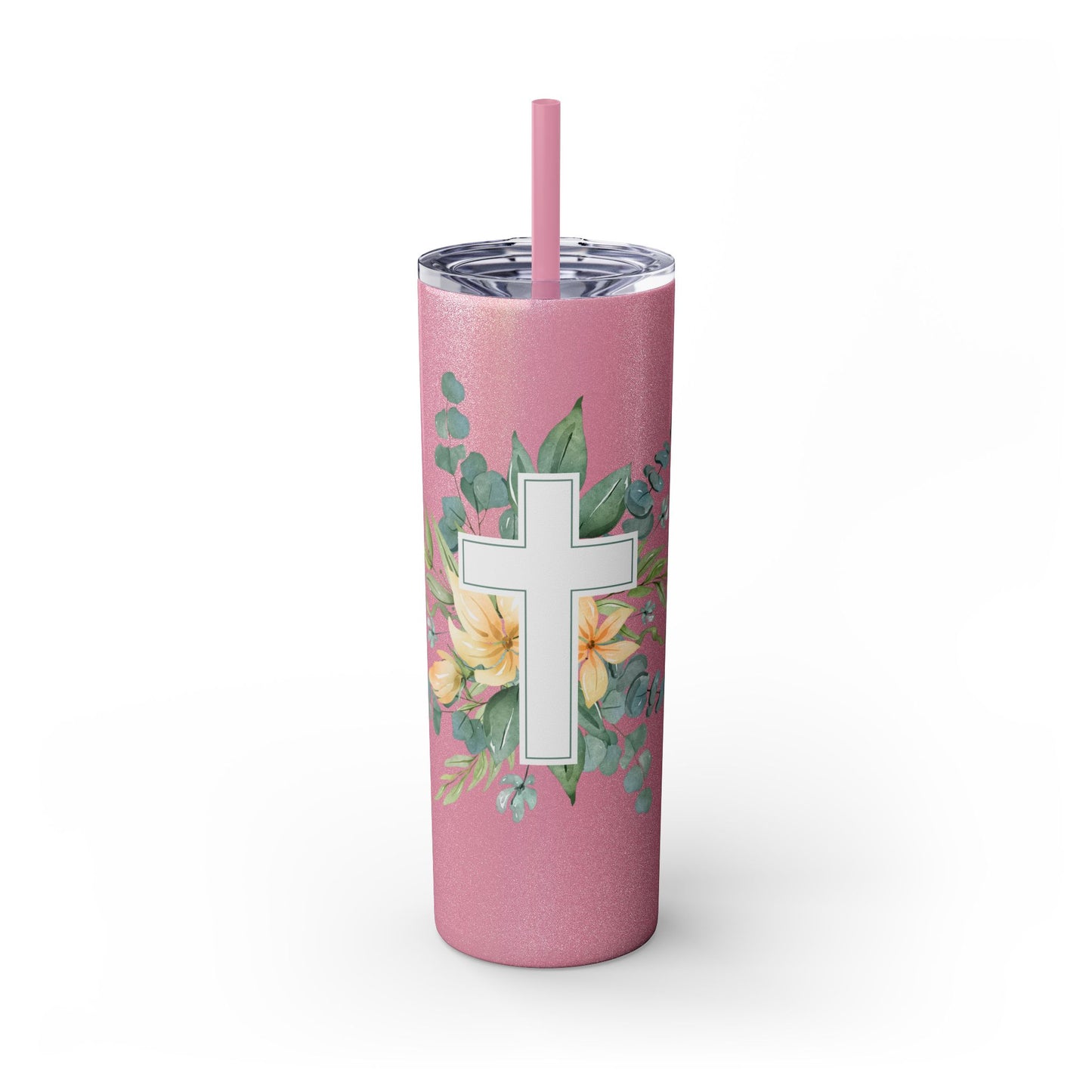 Floral Cross Skinny Tumbler with Straw, 20oz