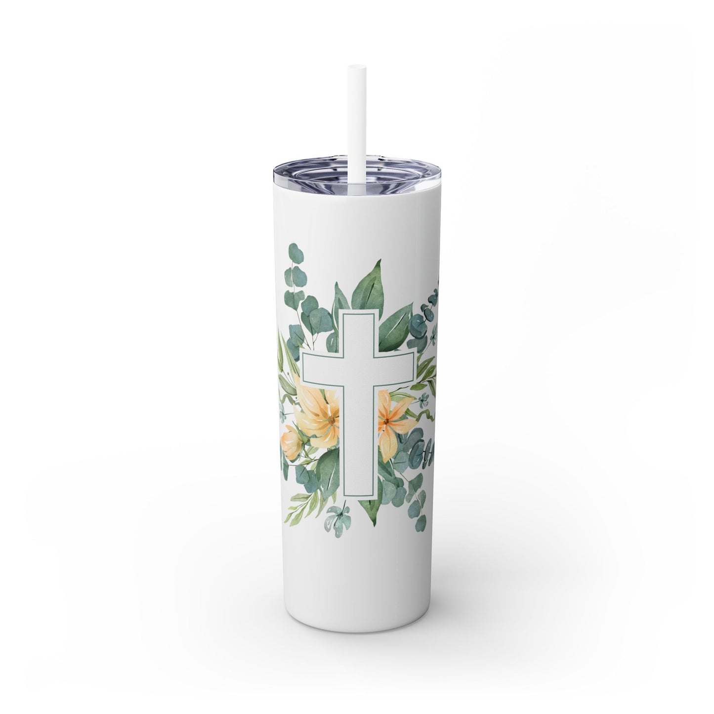 Floral Cross Skinny Tumbler with Straw, 20oz