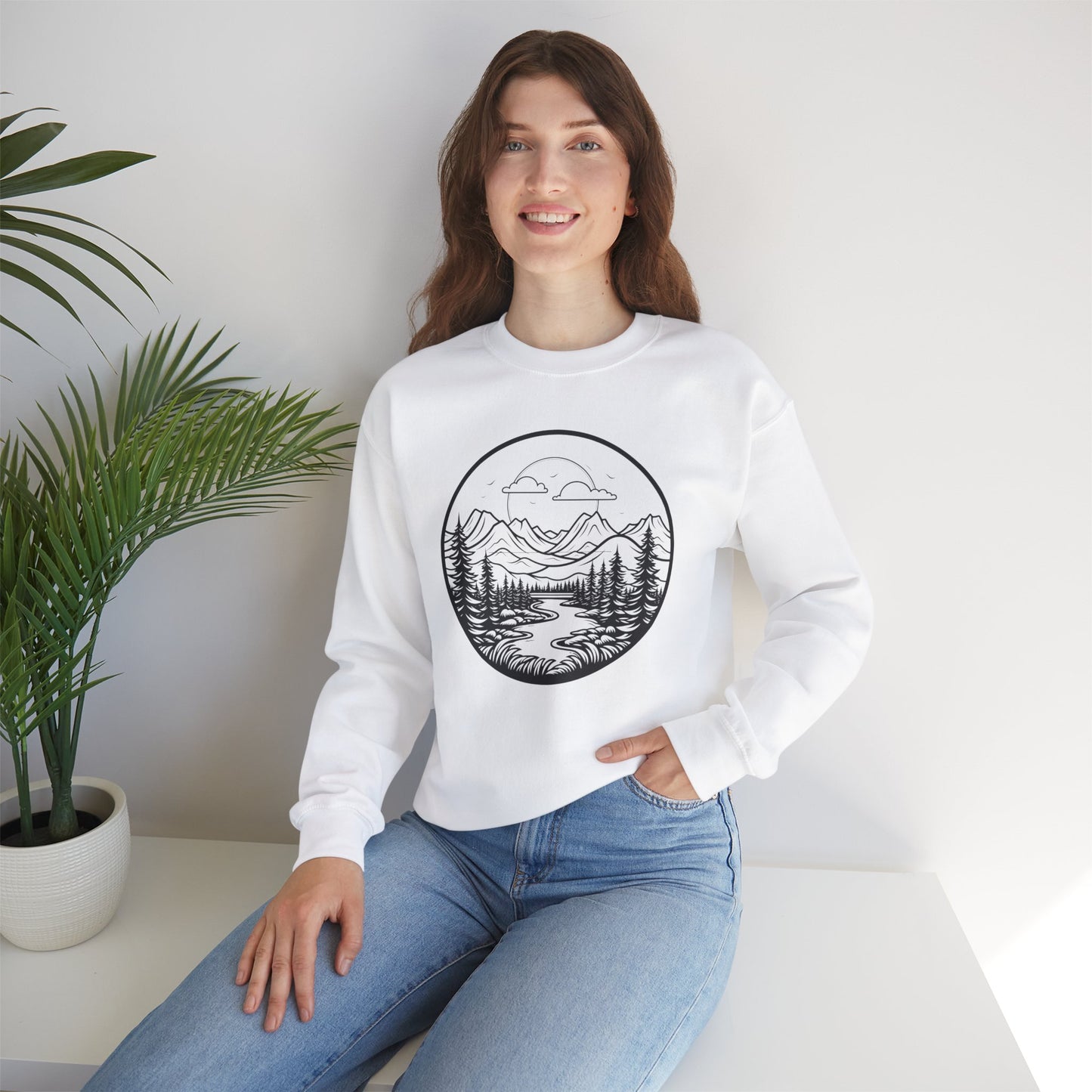 Nature-Inspired Unisex Crewneck Sweatshirt - Scenic Mountain and River Design