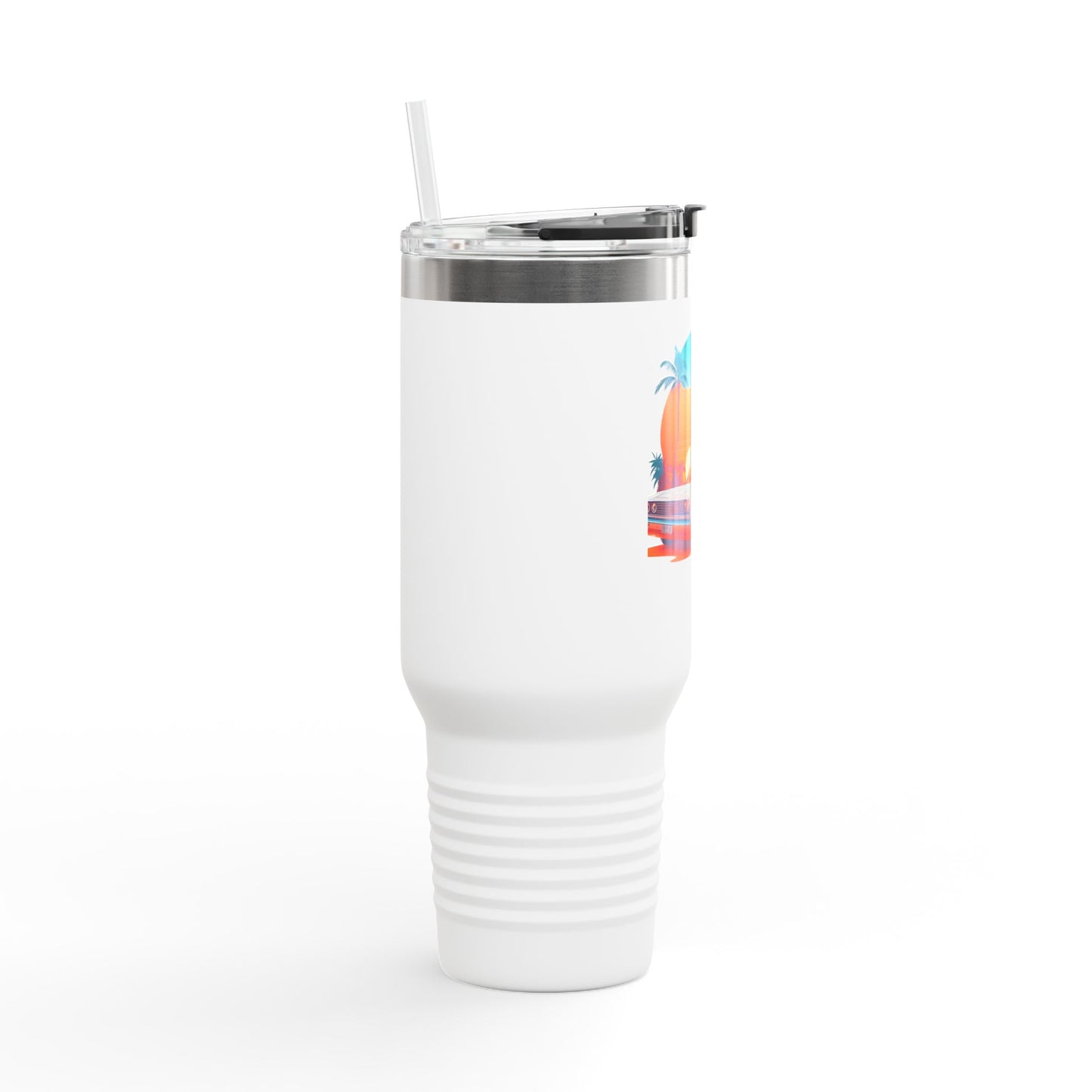 Classic Car Tropical Vibes Insulated Travel Mug - 40oz with Palm Trees and Sunset Design