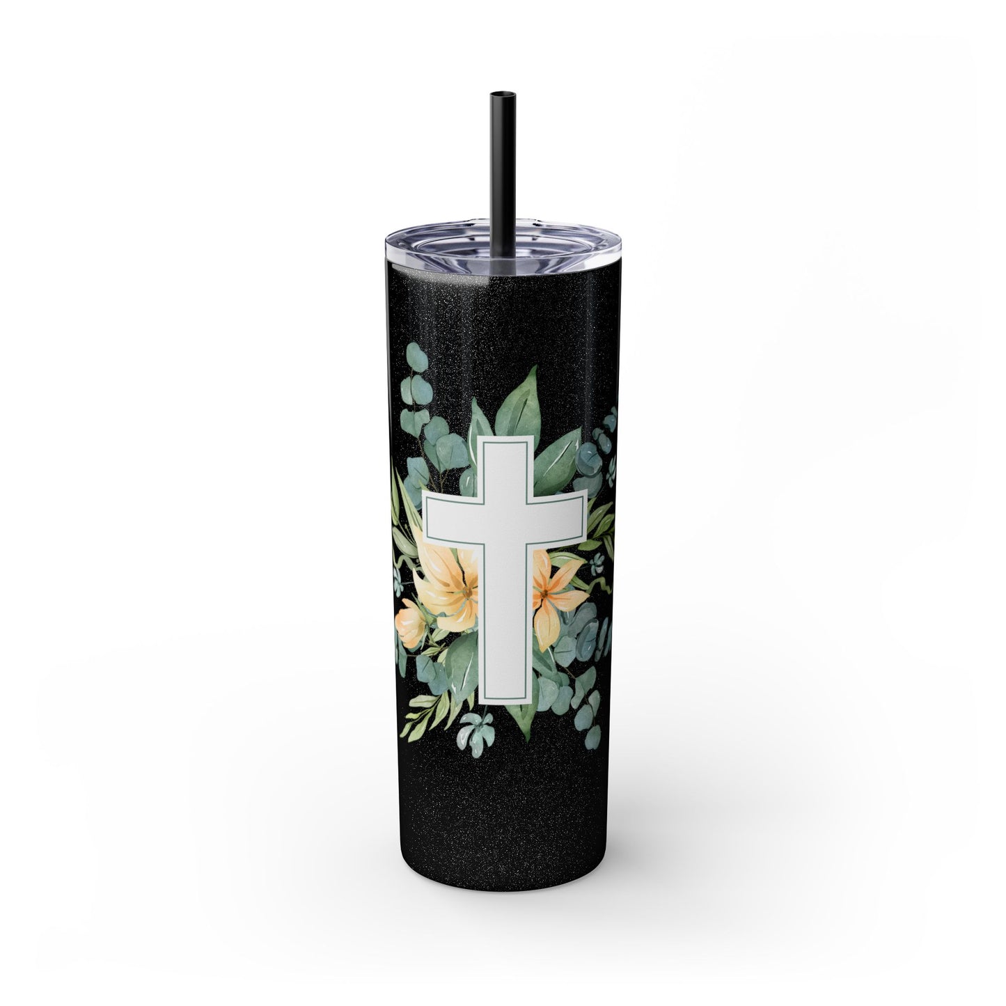 Floral Cross Skinny Tumbler with Straw, 20oz