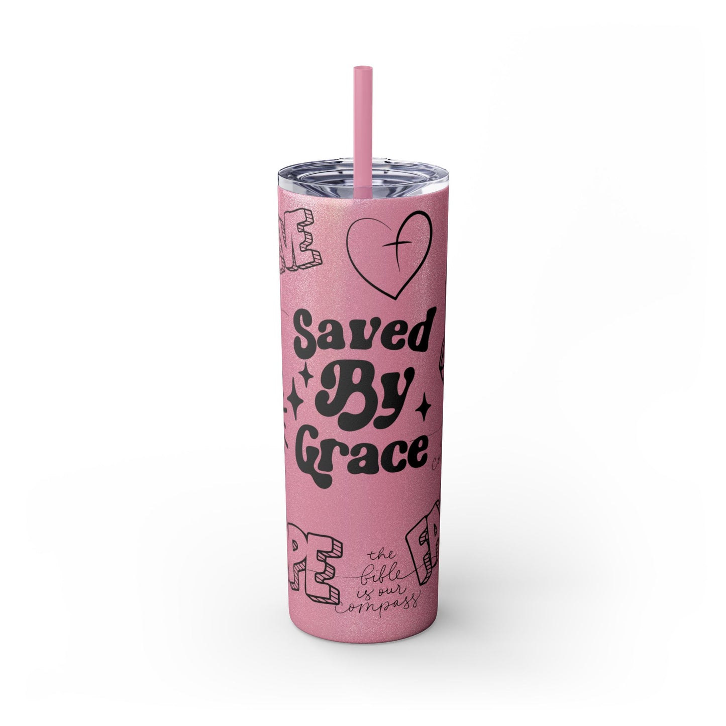 Saved By Grace Skinny Tumbler with Straw - 20oz Inspirational Drinkware