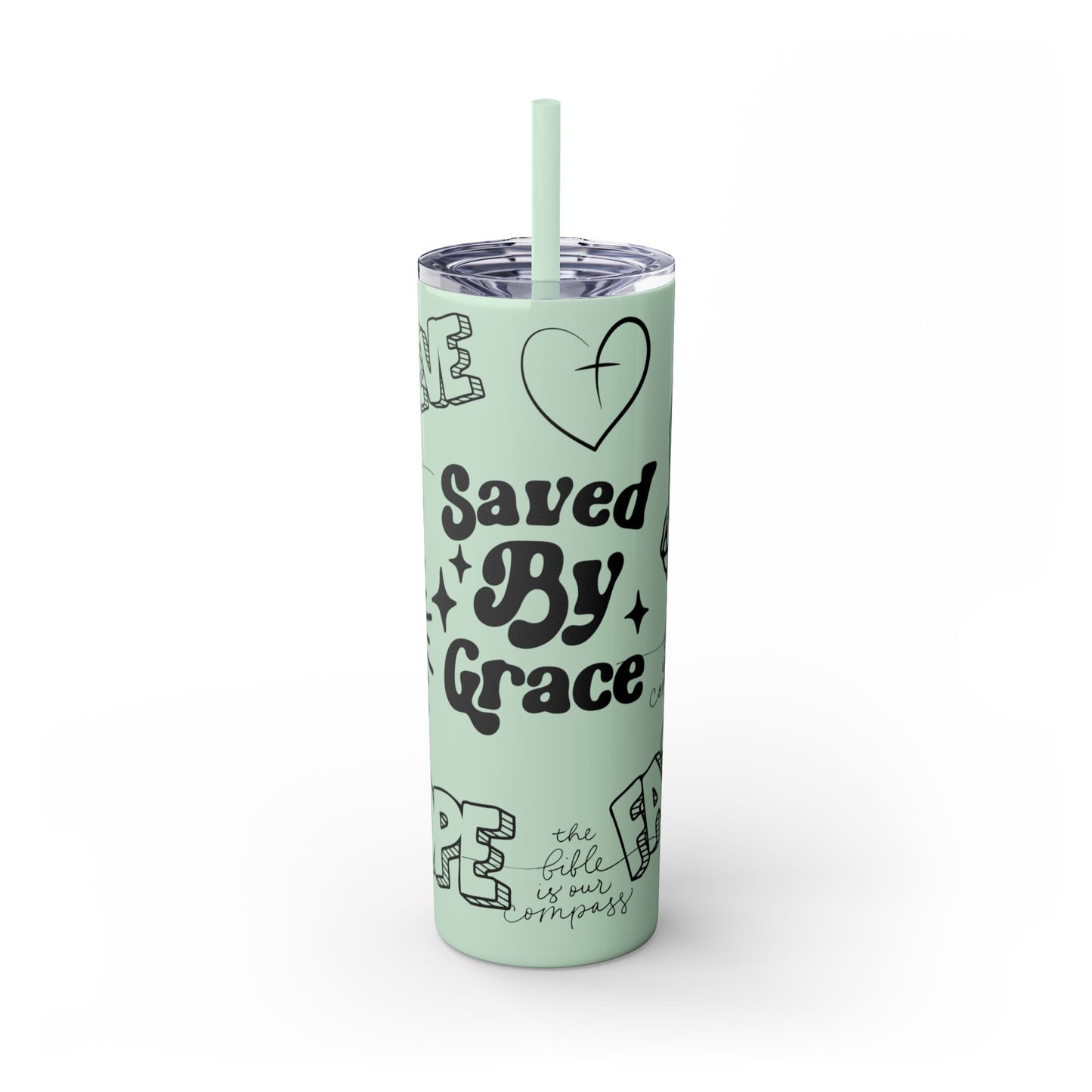 Saved By Grace Skinny Tumbler with Straw - 20oz Inspirational Drinkware