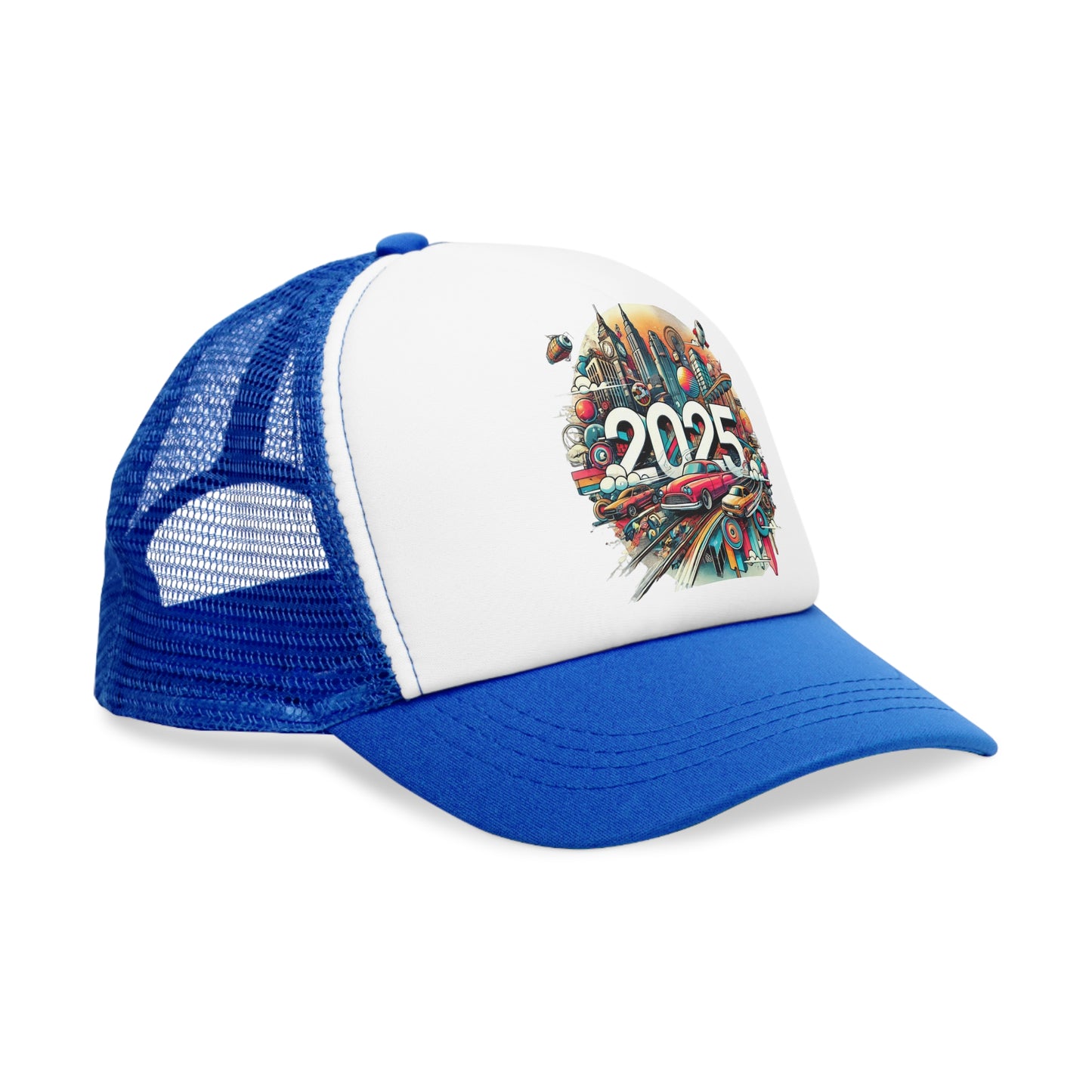 New Years Retro Futuristic Mesh Cap – 2025 Cityscape Design