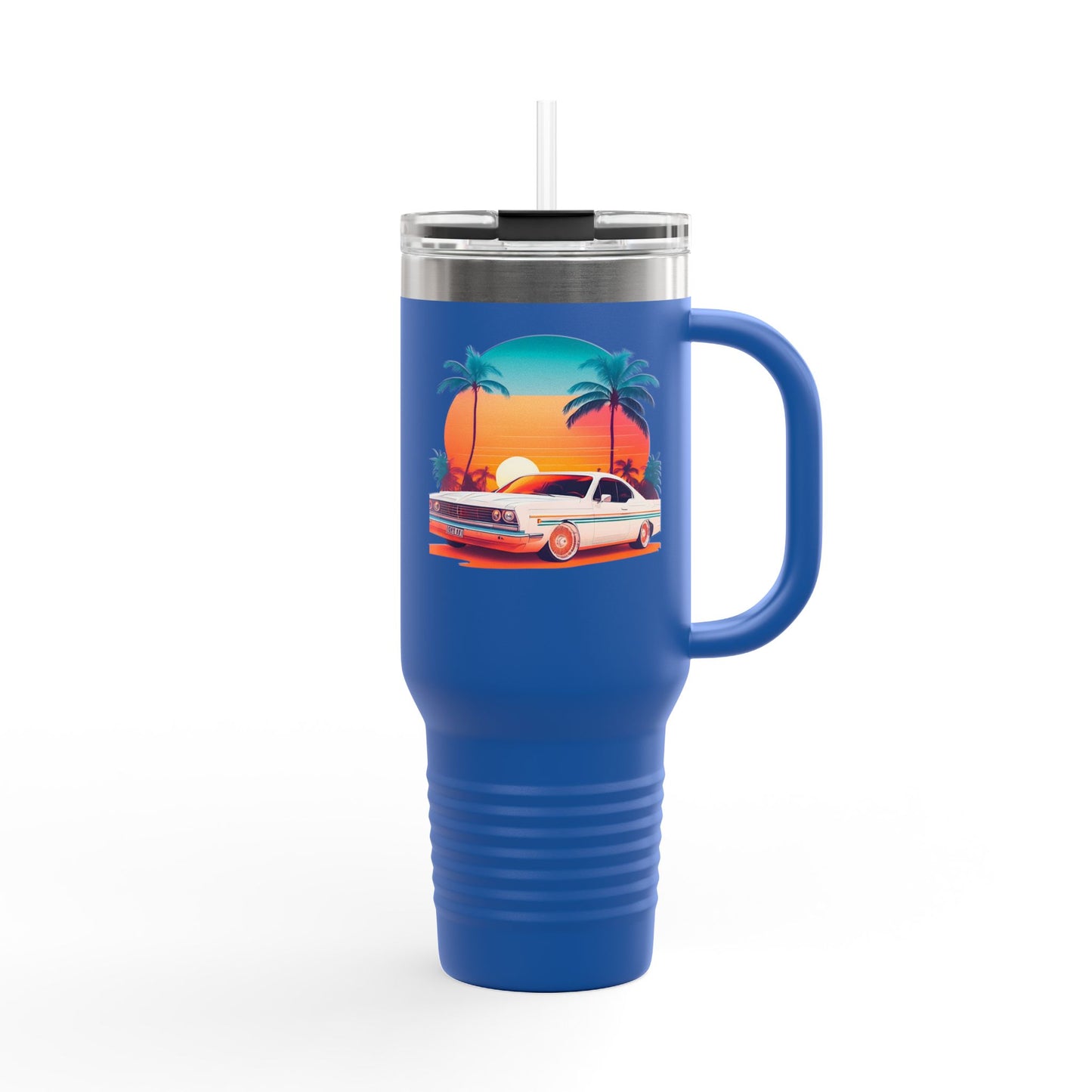 Classic Car Tropical Vibes Insulated Travel Mug - 40oz with Palm Trees and Sunset Design