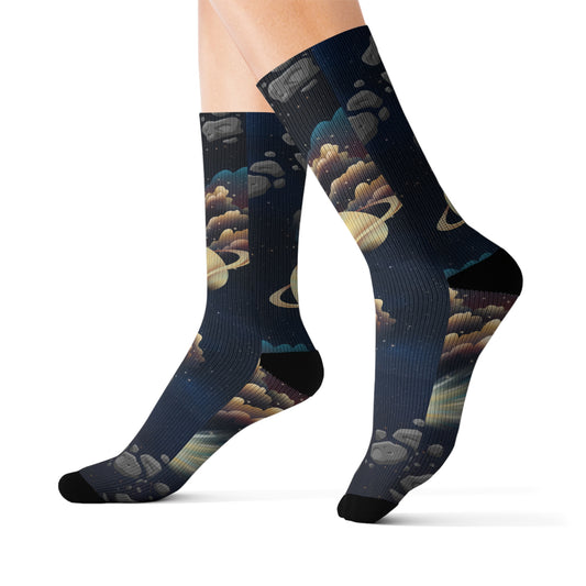 Cosmic Saturn Sublimation Socks | Galaxy-Themed Comfy Fashion | Perfect for Space Lovers