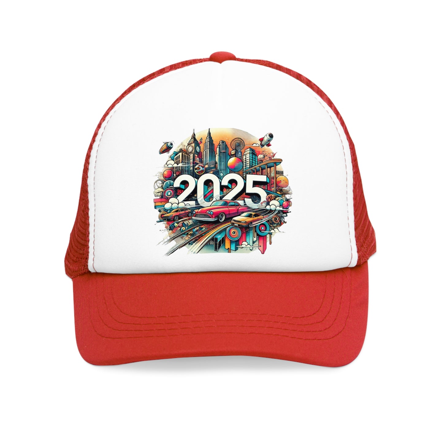 New Years Retro Futuristic Mesh Cap – 2025 Cityscape Design