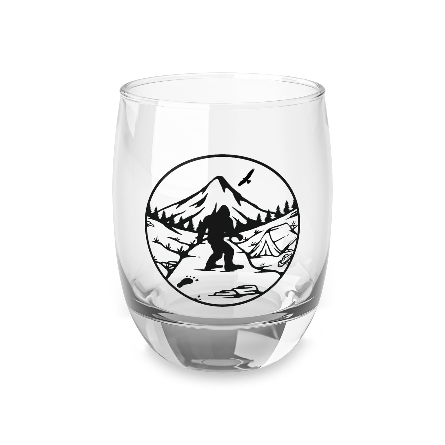 Adventure-Themed Whiskey Glass with Bigfoot Design