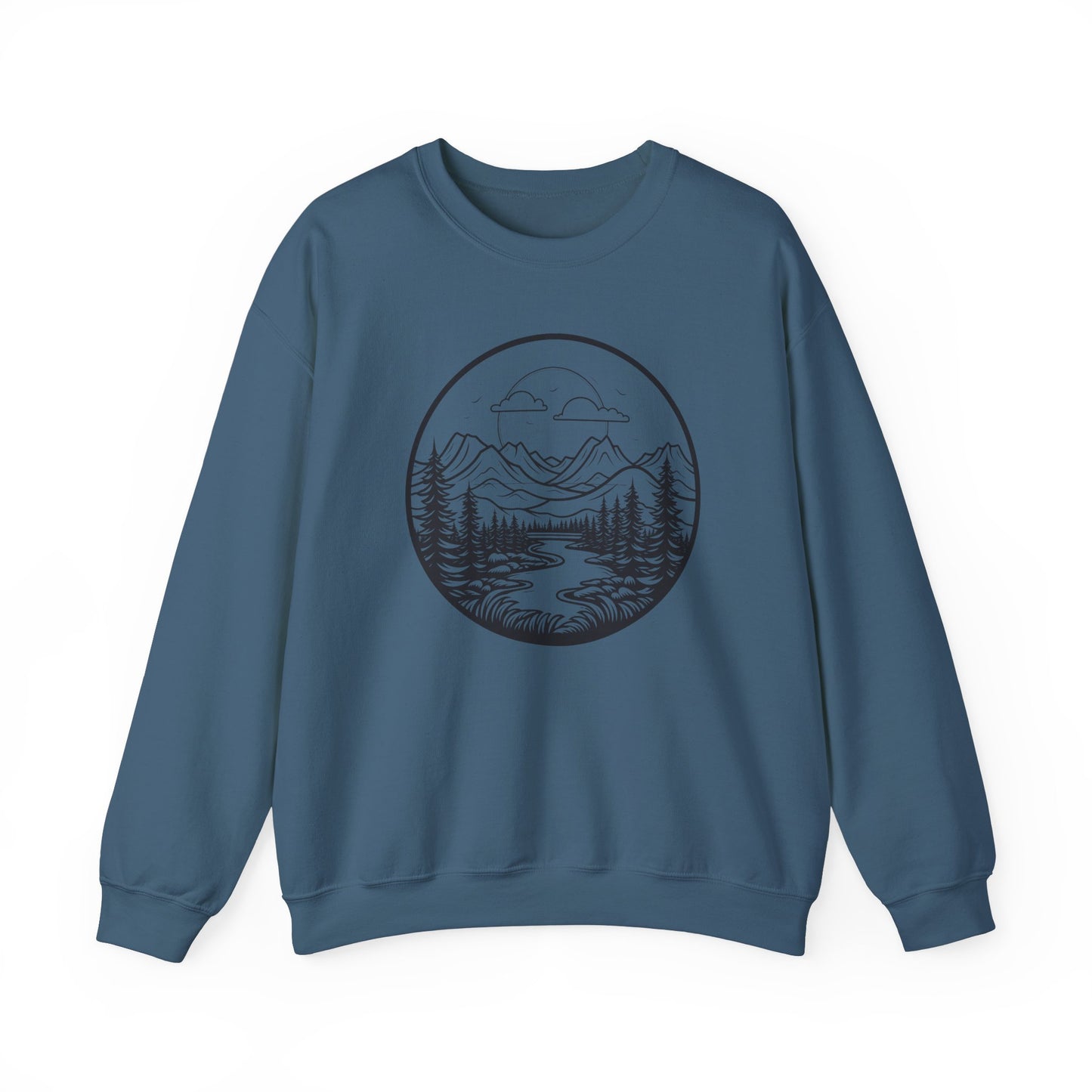 Nature-Inspired Unisex Crewneck Sweatshirt - Scenic Mountain and River Design