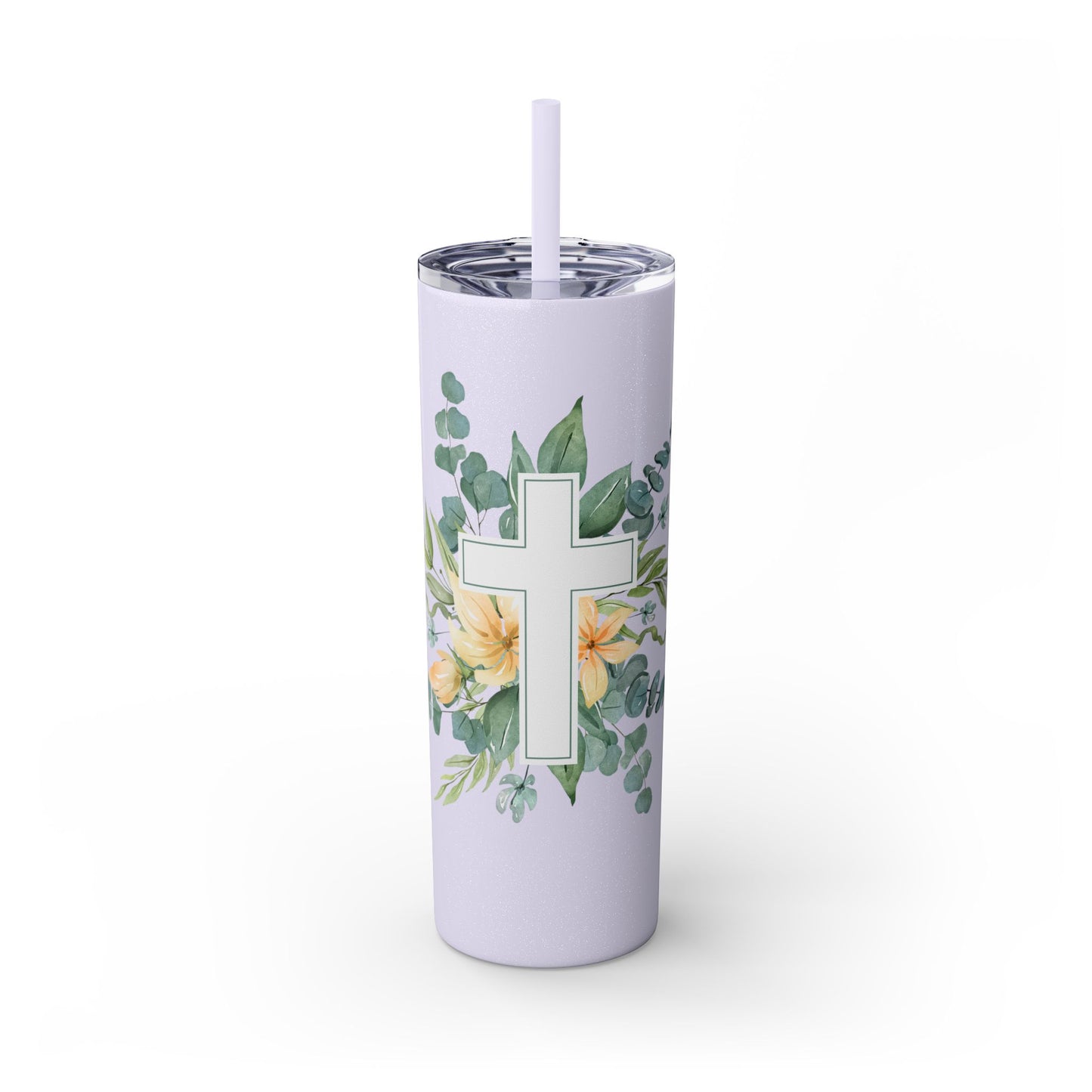 Floral Cross Skinny Tumbler with Straw, 20oz