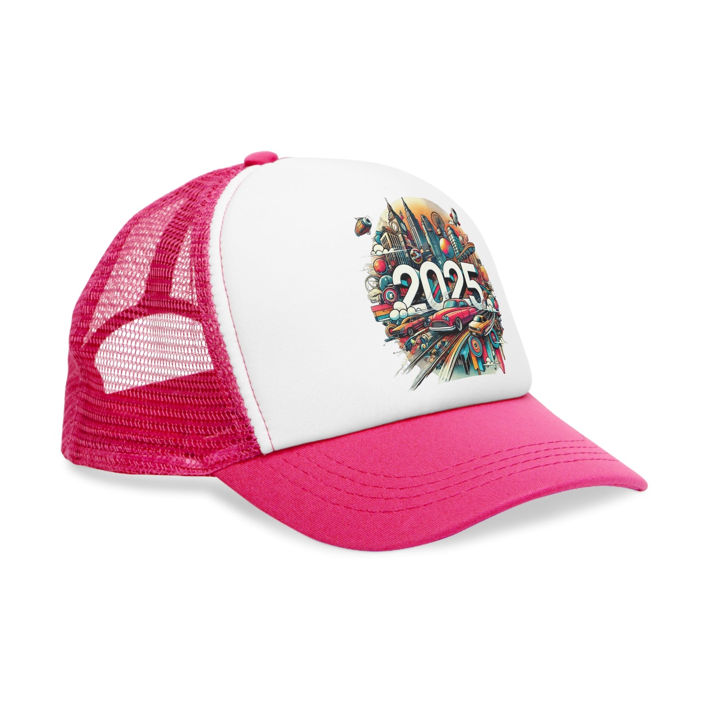 New Years Retro Futuristic Mesh Cap – 2025 Cityscape Design