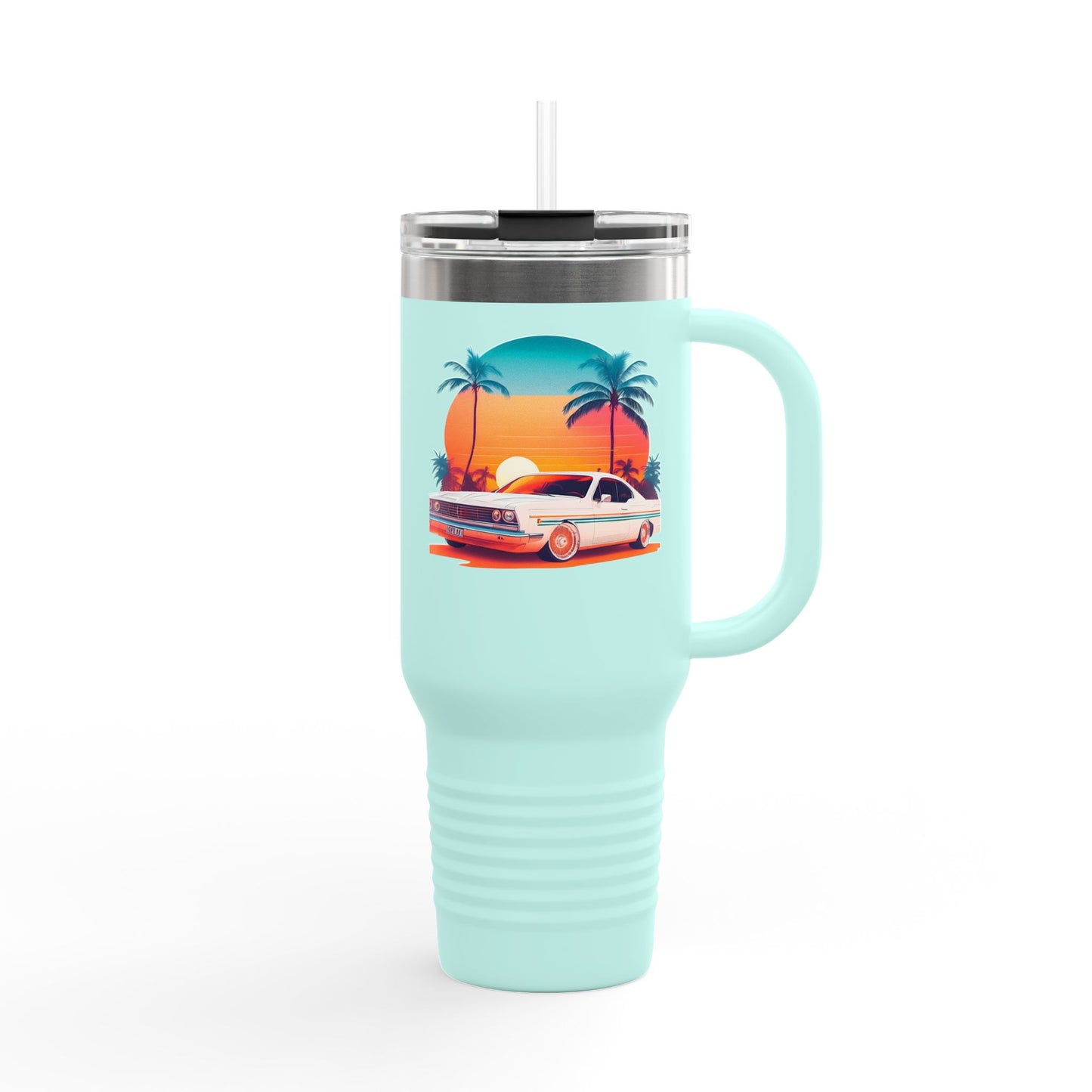 Classic Car Tropical Vibes Insulated Travel Mug - 40oz with Palm Trees and Sunset Design