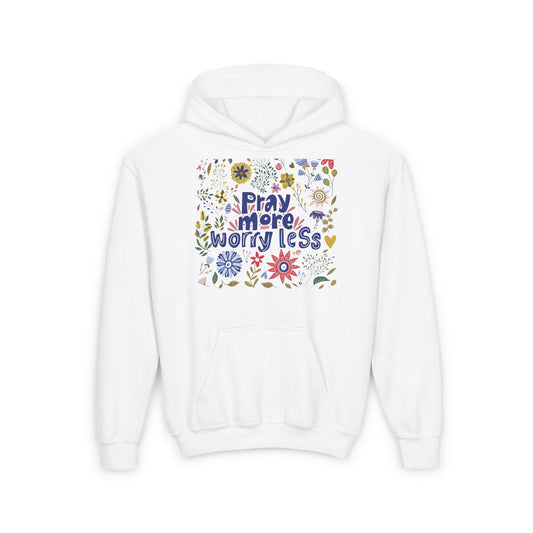Youth Heavy Blend Hooded Sweatshirt - "Pray More, Worry Less" Floral Design