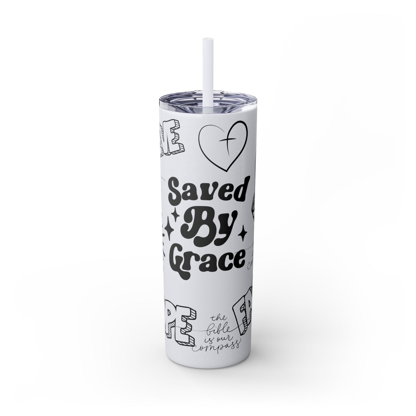 Saved By Grace Skinny Tumbler with Straw - 20oz Inspirational Drinkware