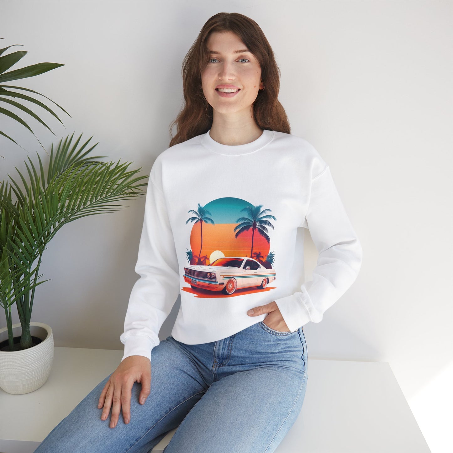 Retro Sunset Car Unisex Crewneck Sweatshirt