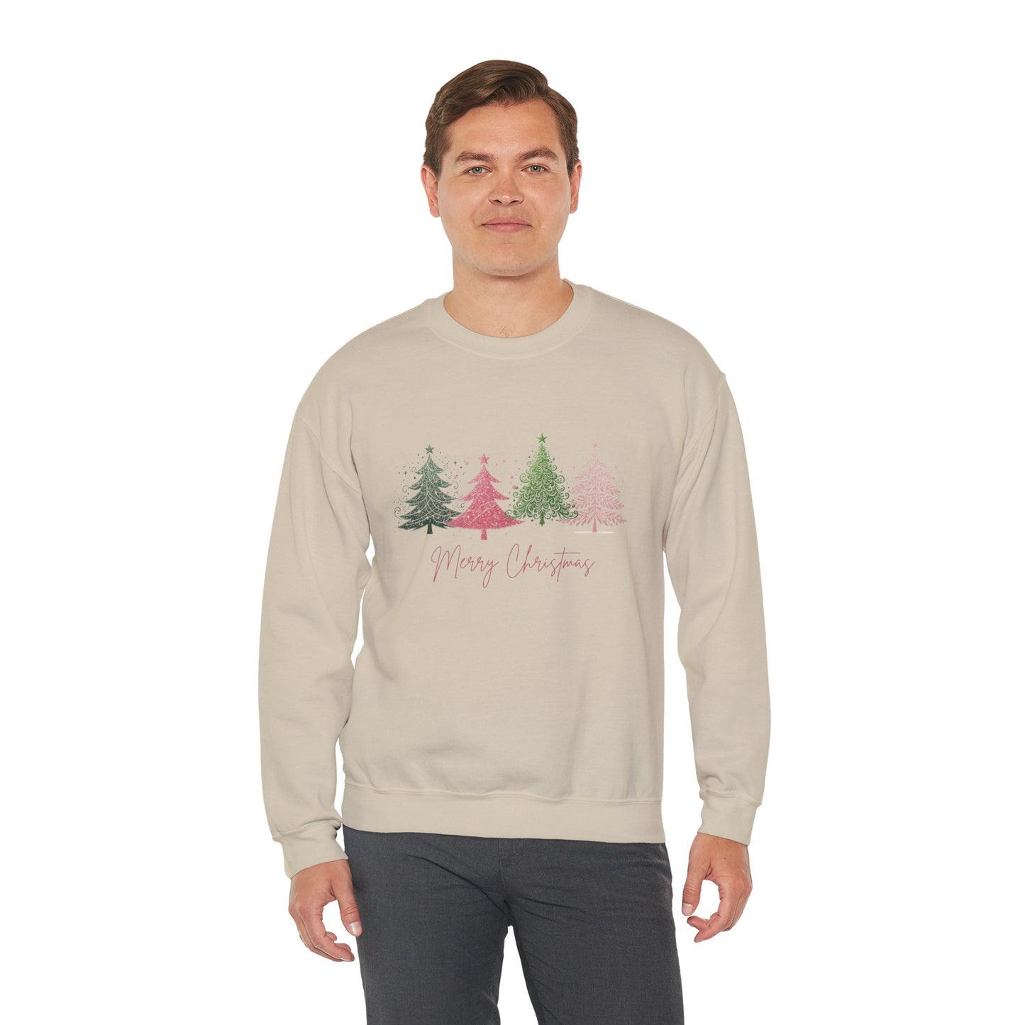 Merry Christmas with Cute Trees Sweatshirt - Unisex Heavy Blend Crewneck with Festive Tree Design