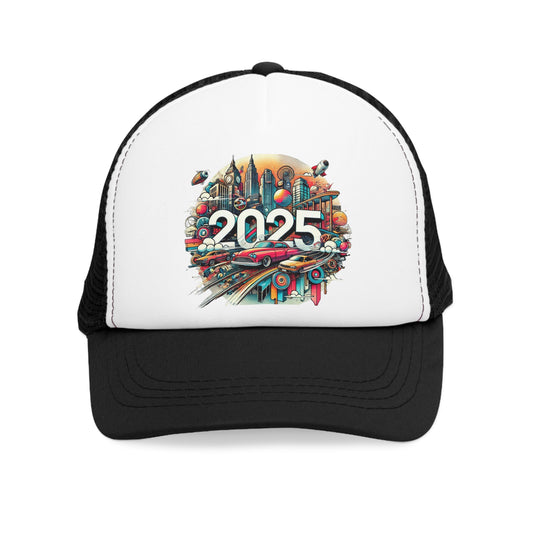 New Years Retro Futuristic Mesh Cap – 2025 Cityscape Design