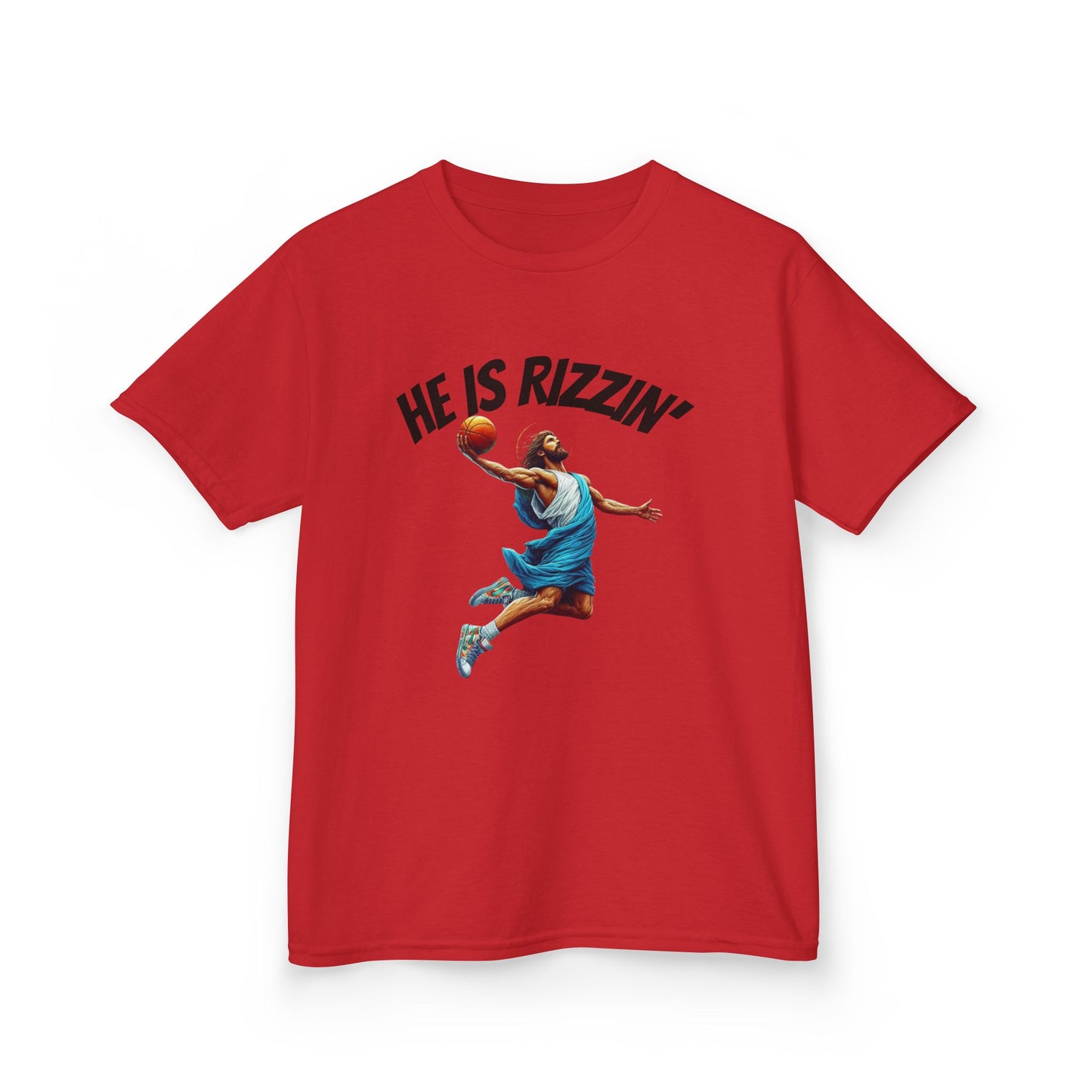Kids Basketball Tee - "He Is Rizzin'" Heavy Cotton T-Shirt for Young Athletes