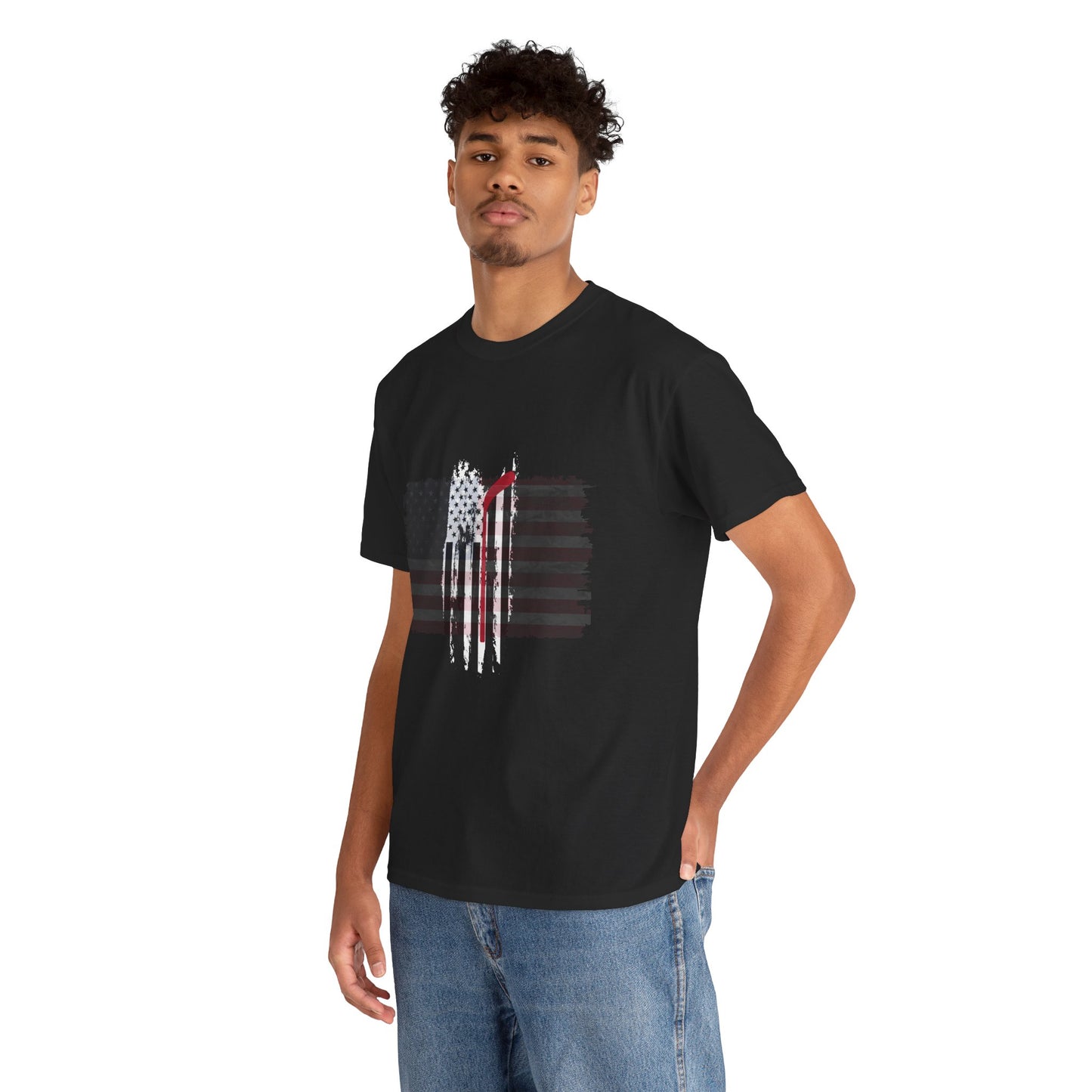 Patriotic Hockey Unisex Heavy Cotton Tee - Distressed USA Flag Design